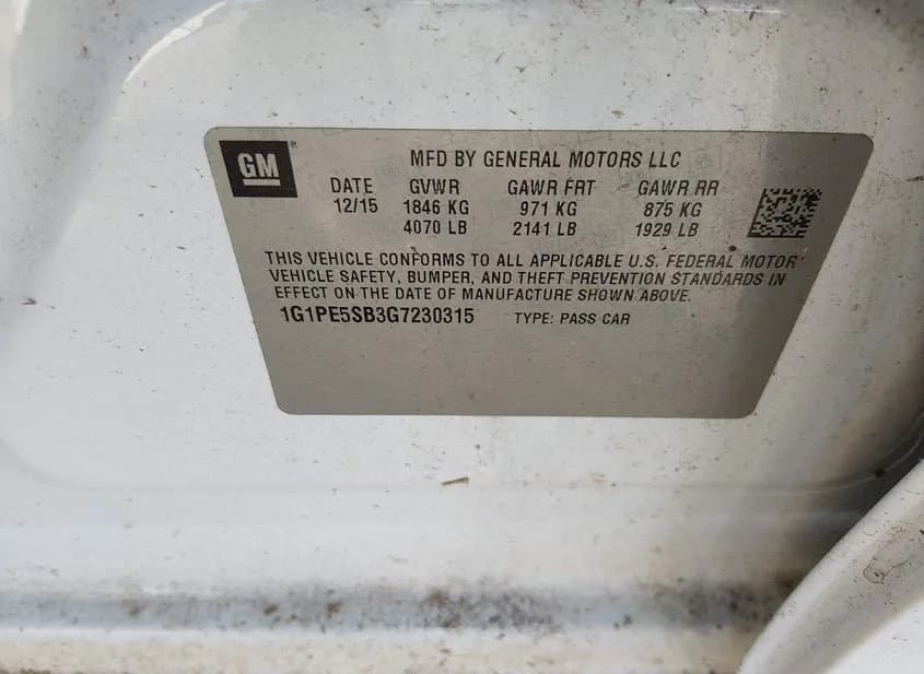 2016 CHEVROLET Cruze Limited Used VIN 1G1PE5SB3G7230315 – odometer reading 2016 CHEVROLET Cruze Limited Used VIN 1G1PE5SB3G7230315 – odometer reading