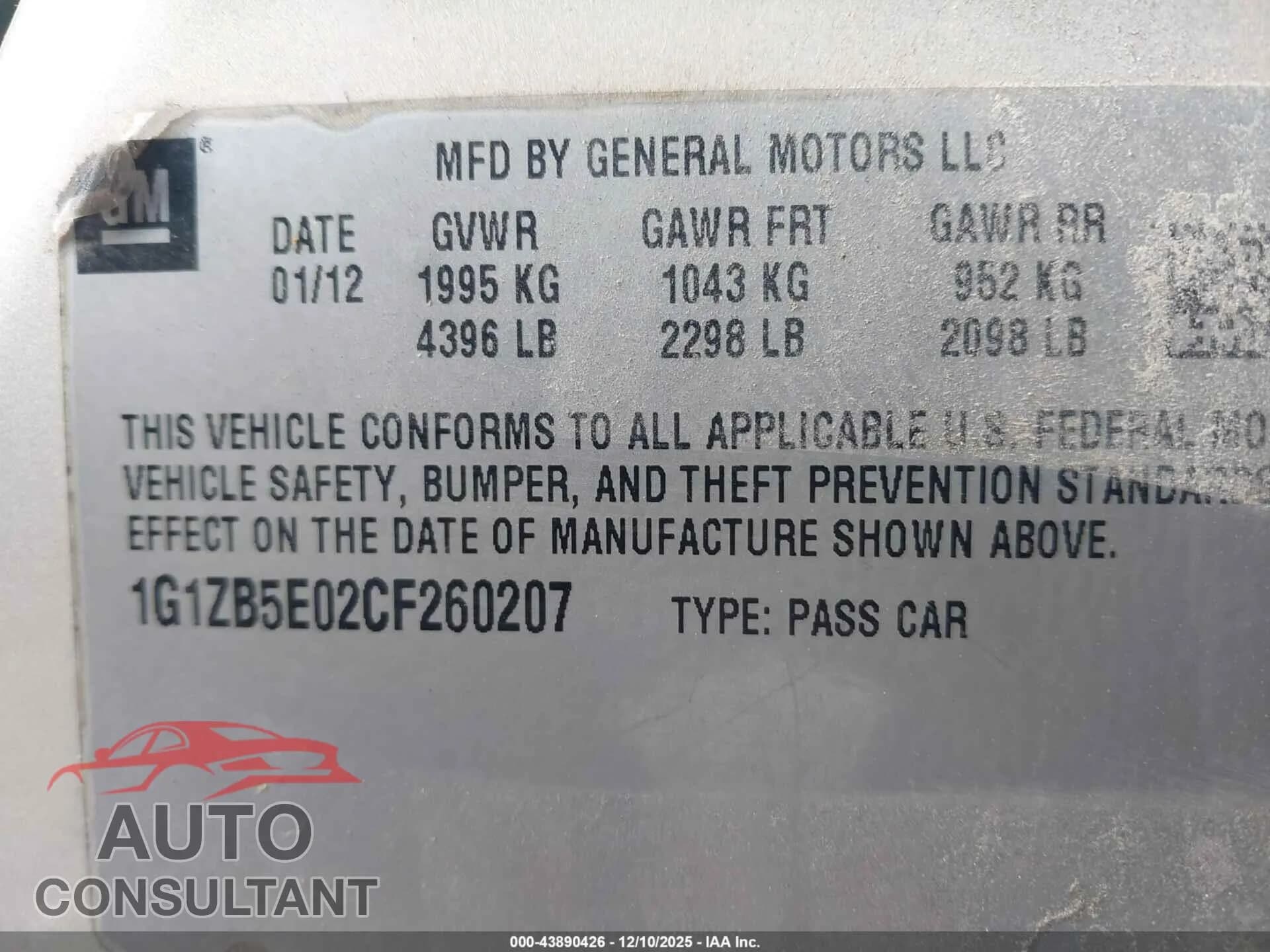 2012 CHEVROLET MALIBU Damaged VIN 1G1ZB5E02CF260207 – trunk area 2012 CHEVROLET MALIBU Damaged VIN 1G1ZB5E02CF260207 – trunk area