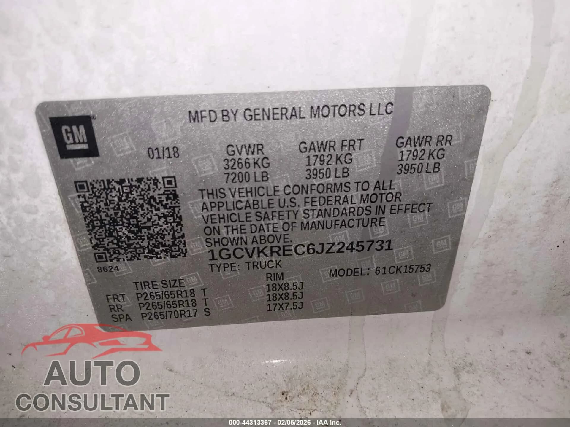 2018 CHEVROLET SILVERADO 1500 Used VIN 1GCVKREC6JZ245731 – trunk area 2018 CHEVROLET SILVERADO 1500 Used VIN 1GCVKREC6JZ245731 – trunk area