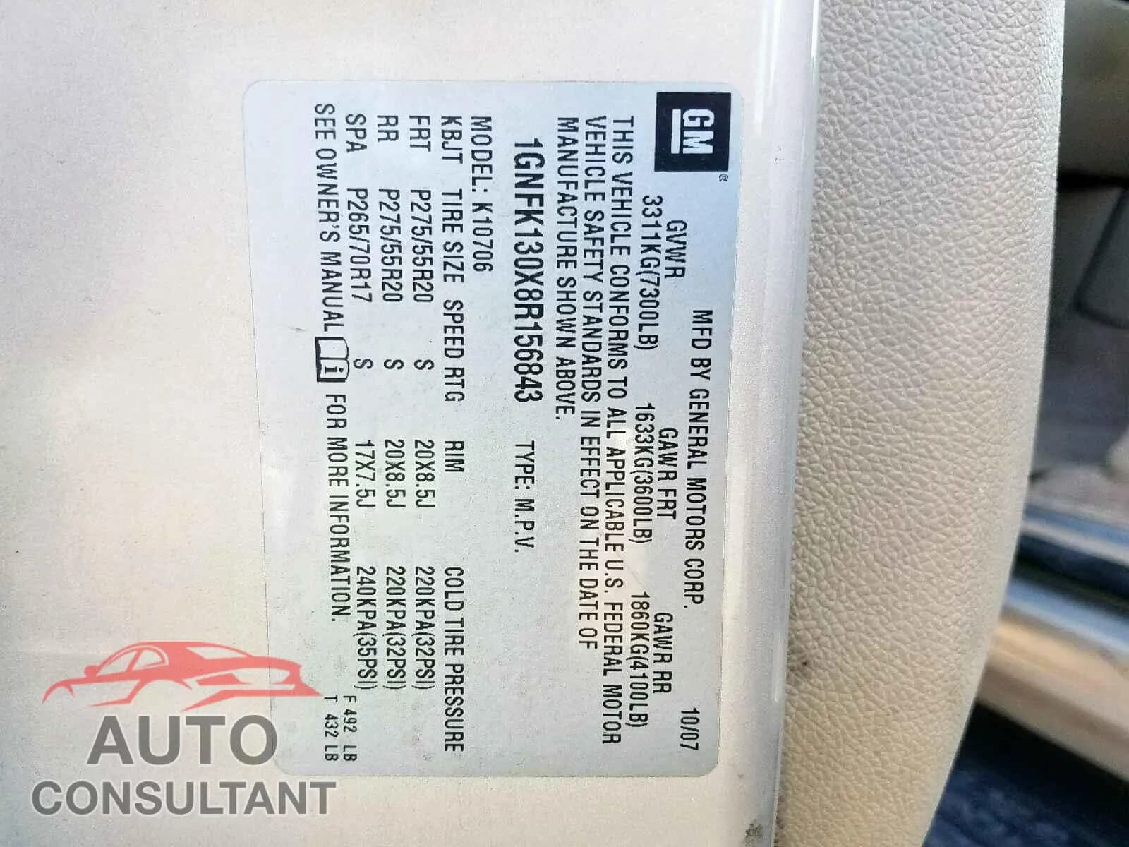 2008 CHEVROLET TAHOE K150 Damaged VIN 1GNFK130X8R156843 – odometer reading 2008 CHEVROLET TAHOE K150 Damaged VIN 1GNFK130X8R156843 – odometer reading
