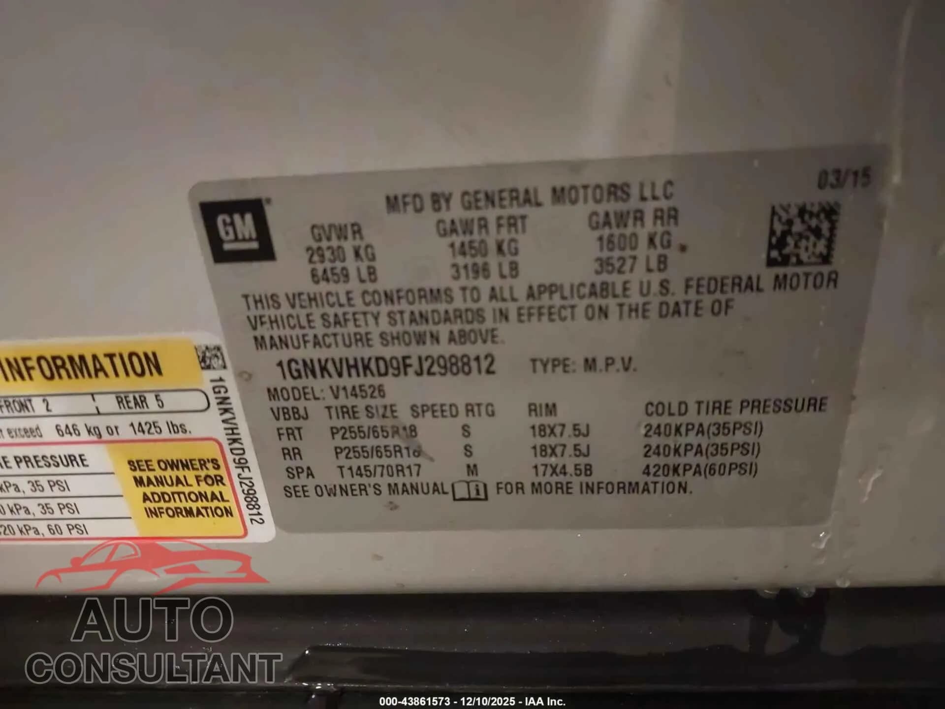 2015 CHEVROLET TRAVERSE Damaged VIN 1GNKVHKD9FJ298812 – trunk area 2015 CHEVROLET TRAVERSE Damaged VIN 1GNKVHKD9FJ298812 – trunk area