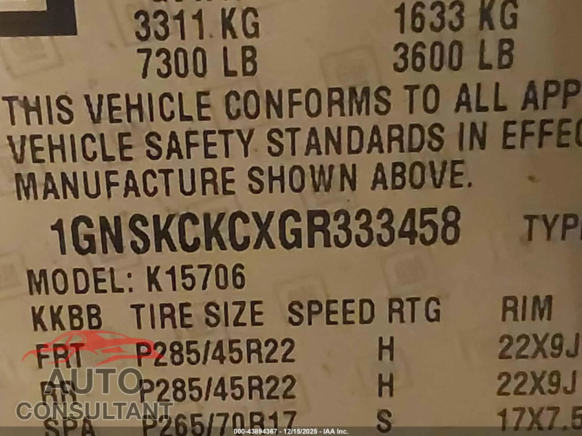 2016 CHEVROLET TAHOE Damaged VIN 1GNSKCKCXGR333458 – trunk area 2016 CHEVROLET TAHOE Damaged VIN 1GNSKCKCXGR333458 – trunk area