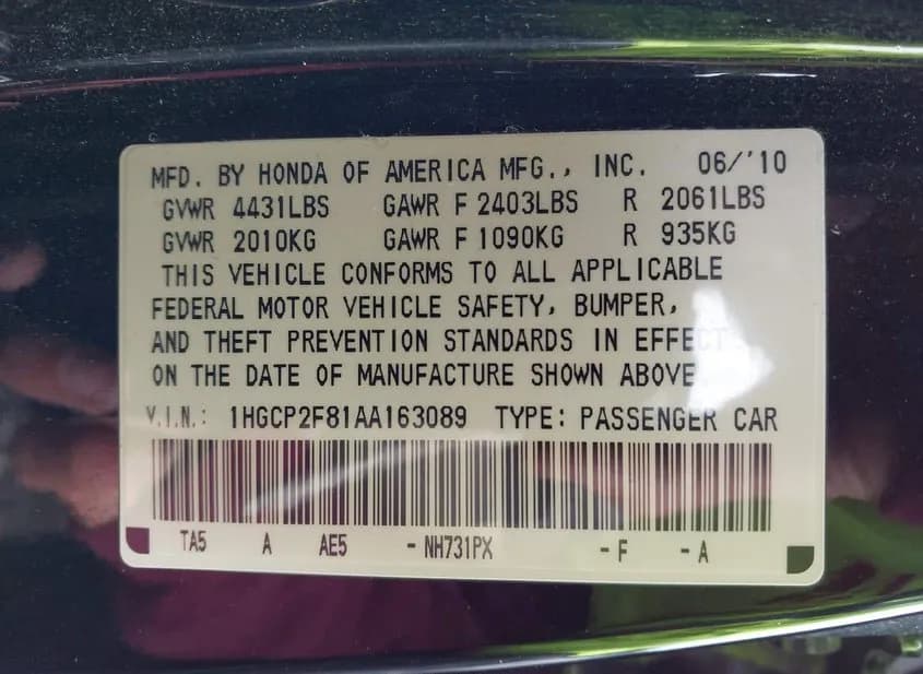 2010 HONDA Accord Used VIN 1HGCP2F81AA163089 – dashboard 2010 HONDA Accord Used VIN 1HGCP2F81AA163089 – dashboard