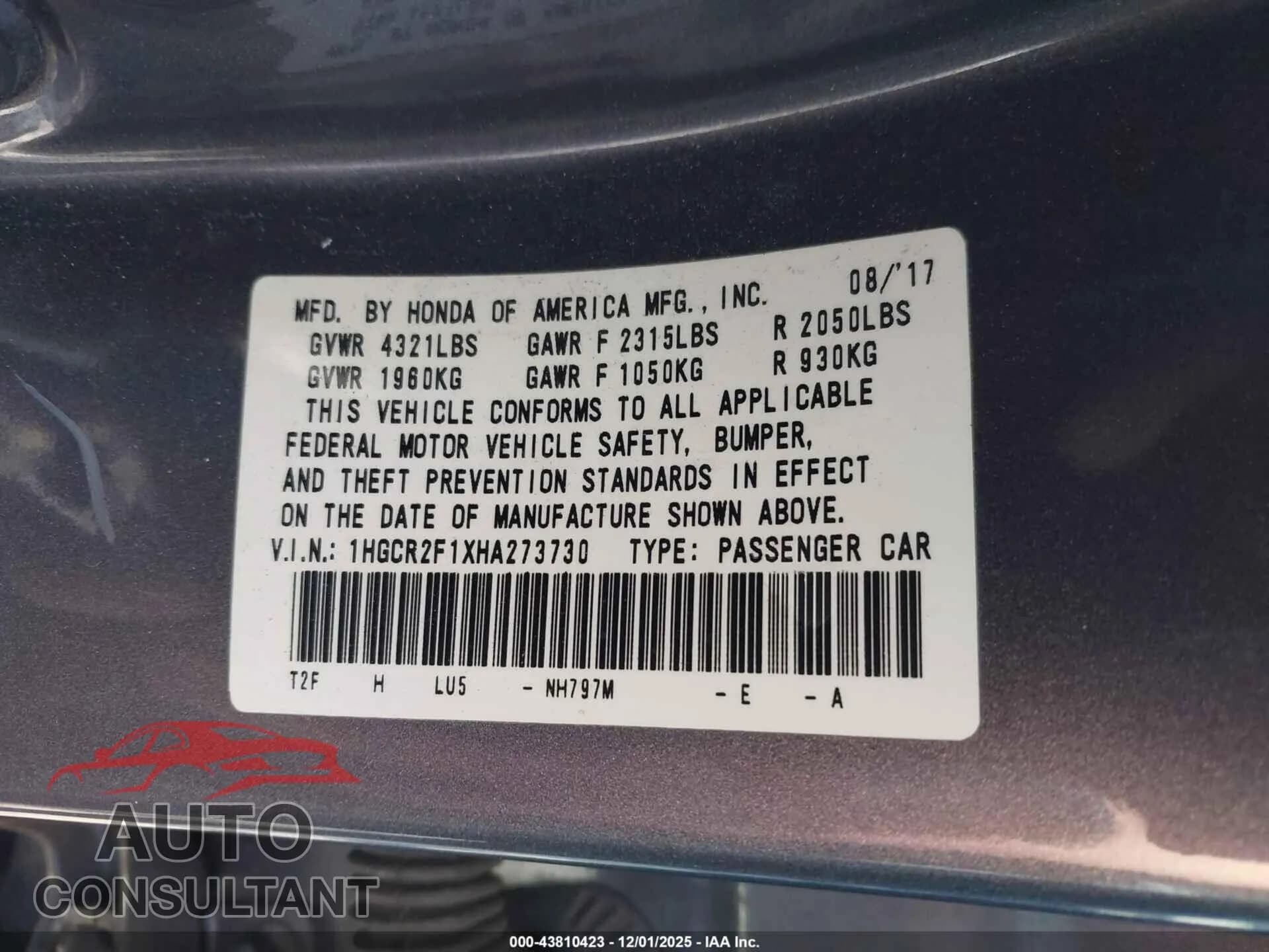 2017 HONDA ACCORD Damaged VIN 1HGCR2F1XHA273730 – trunk area 2017 HONDA ACCORD Damaged VIN 1HGCR2F1XHA273730 – trunk area