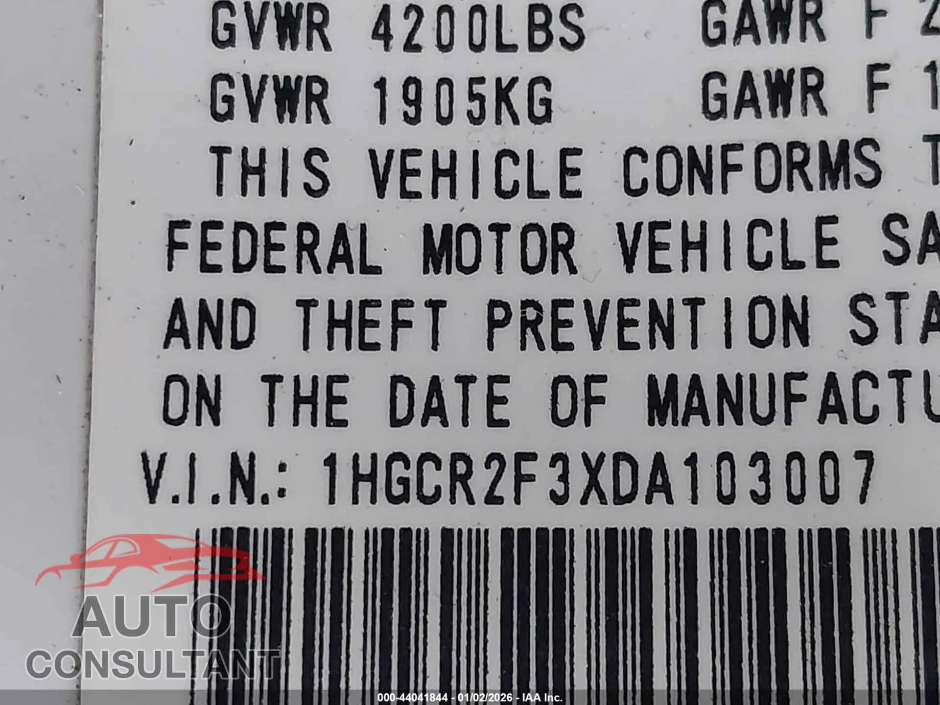 2013 HONDA ACCORD Damaged VIN 1HGCR2F3XDA103007 – trunk area 2013 HONDA ACCORD Damaged VIN 1HGCR2F3XDA103007 – trunk area