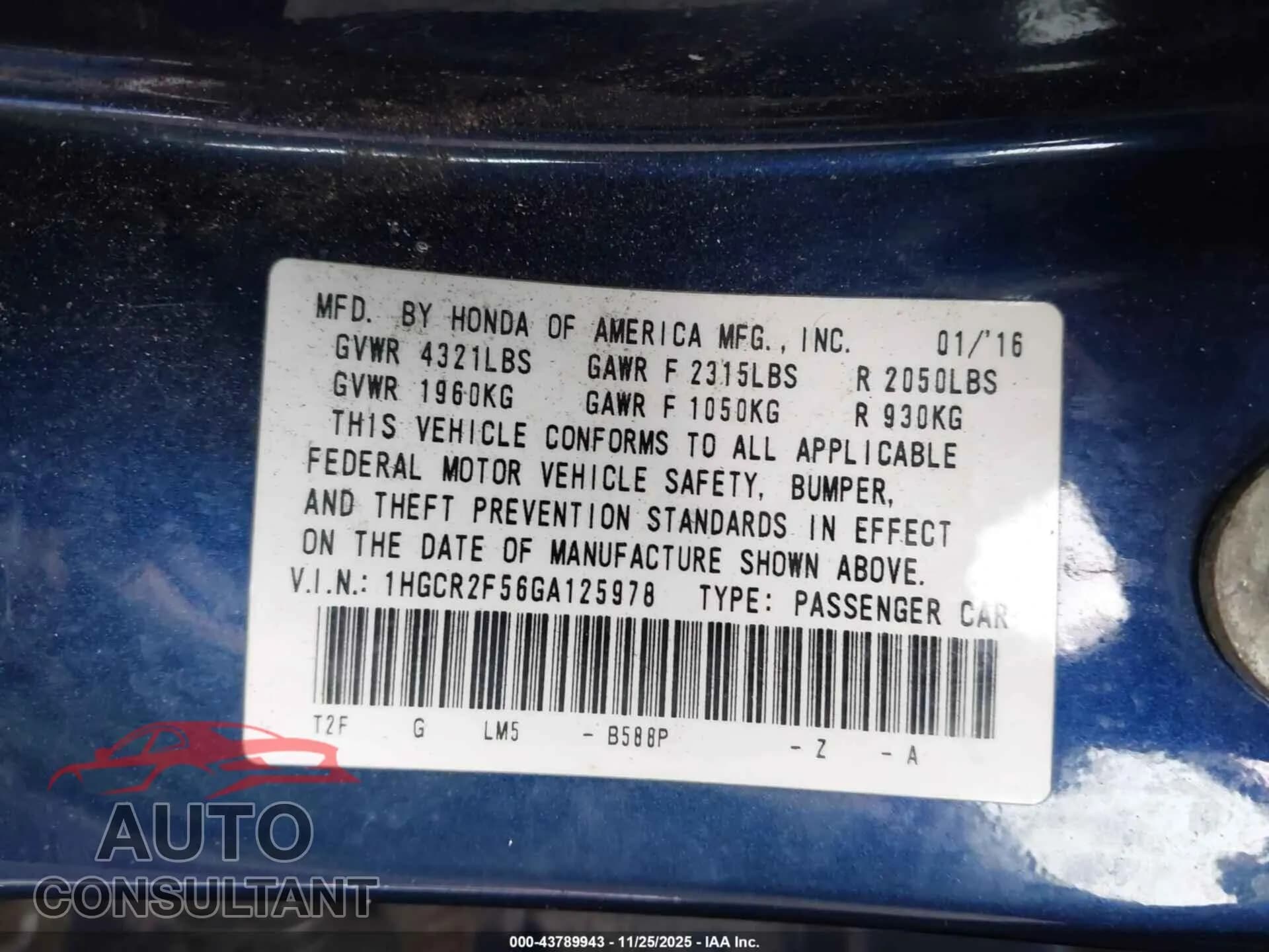 2016 HONDA ACCORD Damaged VIN 1HGCR2F56GA125978 – trunk area 2016 HONDA ACCORD Damaged VIN 1HGCR2F56GA125978 – trunk area