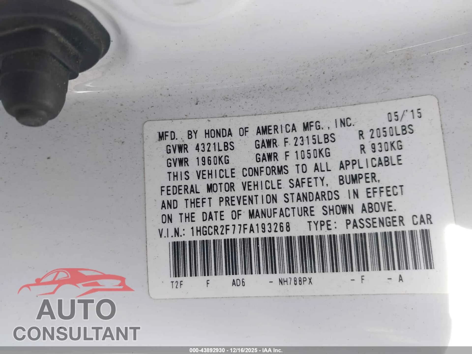 2015 HONDA ACCORD Damaged VIN 1HGCR2F77FA193268 – trunk area 2015 HONDA ACCORD Damaged VIN 1HGCR2F77FA193268 – trunk area