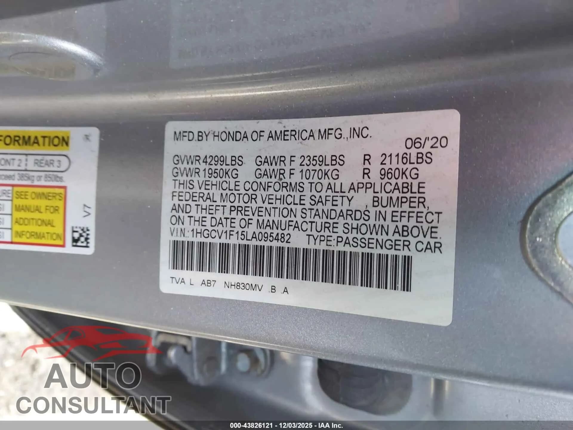 2020 HONDA ACCORD Damaged VIN 1HGCV1F15LA095482 – trunk area 2020 HONDA ACCORD Damaged VIN 1HGCV1F15LA095482 – trunk area