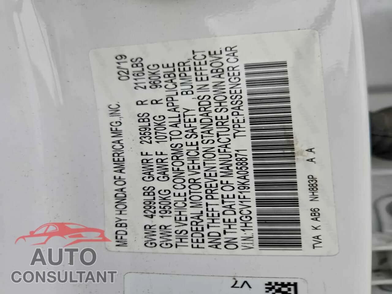 2019 HONDA ACCORD Damaged VIN 1HGCV1F19KA058871 – photo 13 2019 HONDA ACCORD Damaged VIN 1HGCV1F19KA058871 – photo 13