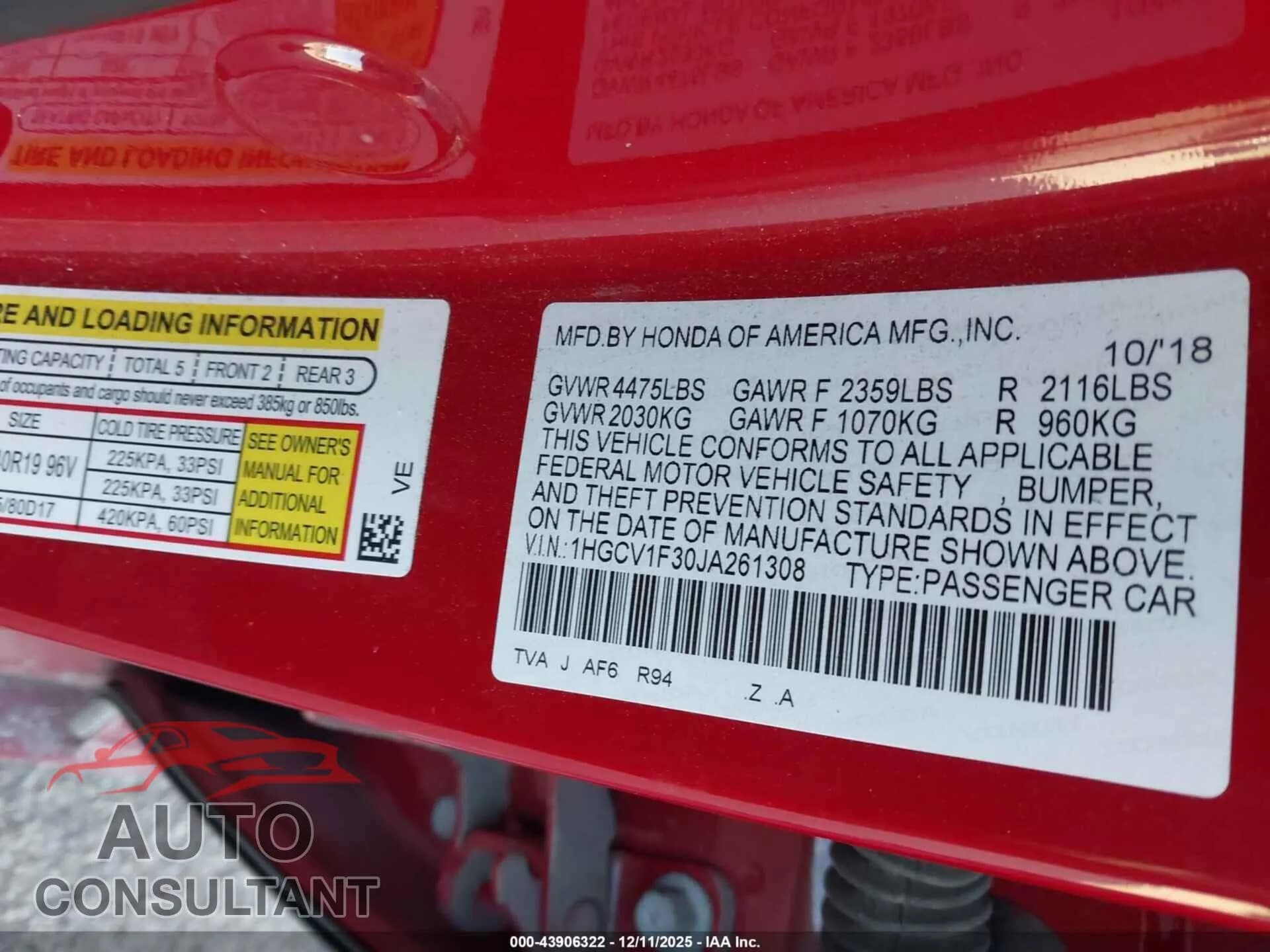 2018 HONDA ACCORD Damaged VIN 1HGCV1F30JA261308 – trunk area 2018 HONDA ACCORD Damaged VIN 1HGCV1F30JA261308 – trunk area