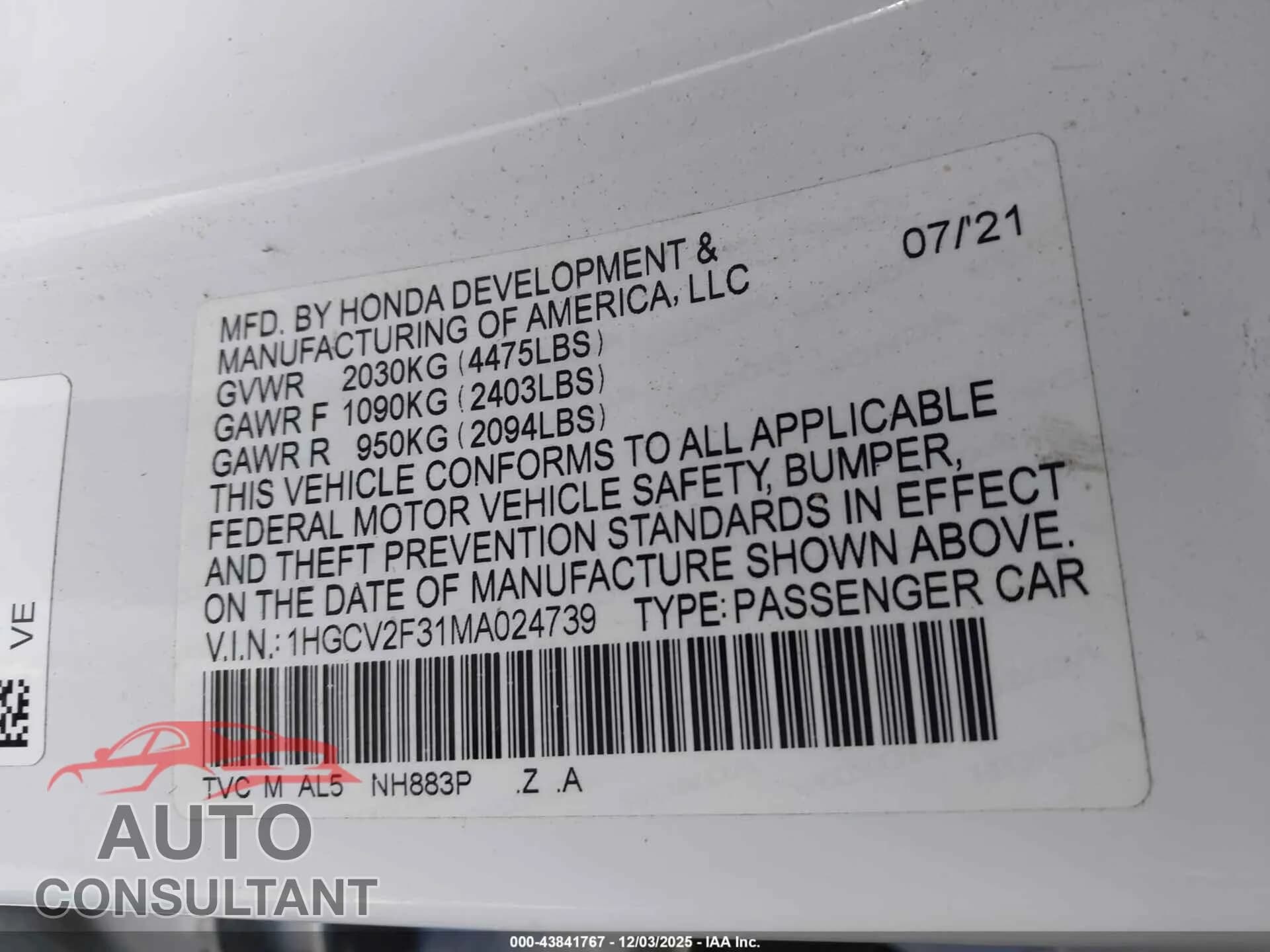 2021 HONDA ACCORD Damaged VIN 1HGCV2F31MA024739 – trunk area 2021 HONDA ACCORD Damaged VIN 1HGCV2F31MA024739 – trunk area