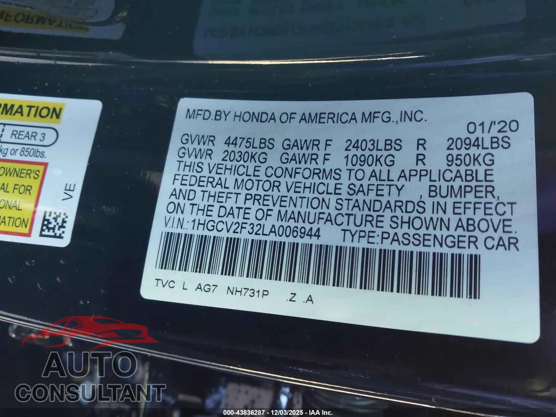 2020 HONDA ACCORD Damaged VIN 1HGCV2F32LA006944 – trunk area 2020 HONDA ACCORD Damaged VIN 1HGCV2F32LA006944 – trunk area