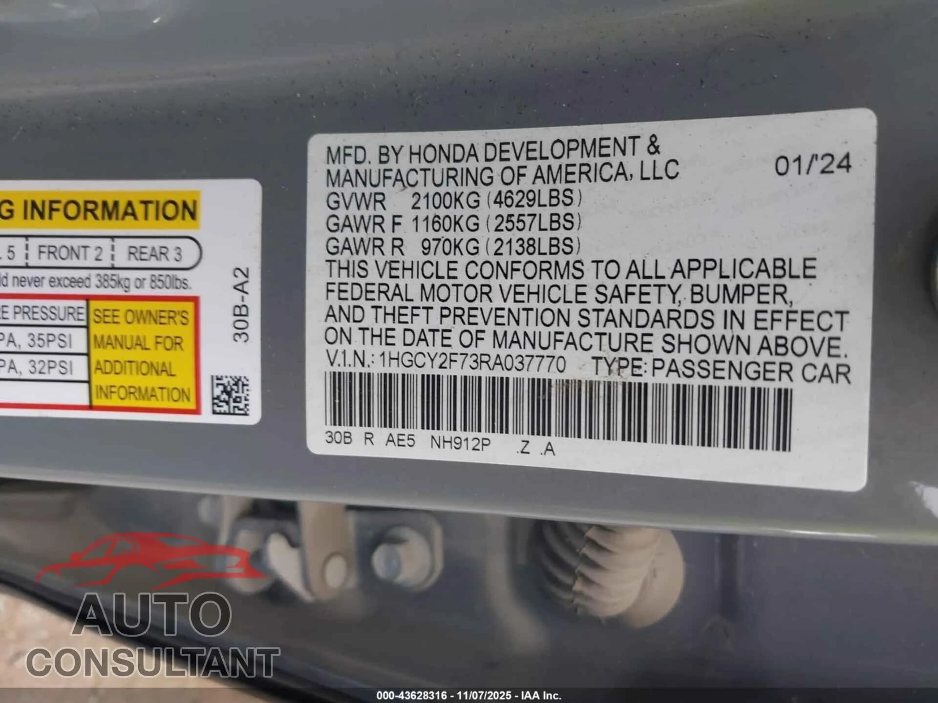 2024 HONDA ACCORD HYBRID Damaged VIN 1HGCY2F73RA037770 – trunk area 2024 HONDA ACCORD HYBRID Damaged VIN 1HGCY2F73RA037770 – trunk area