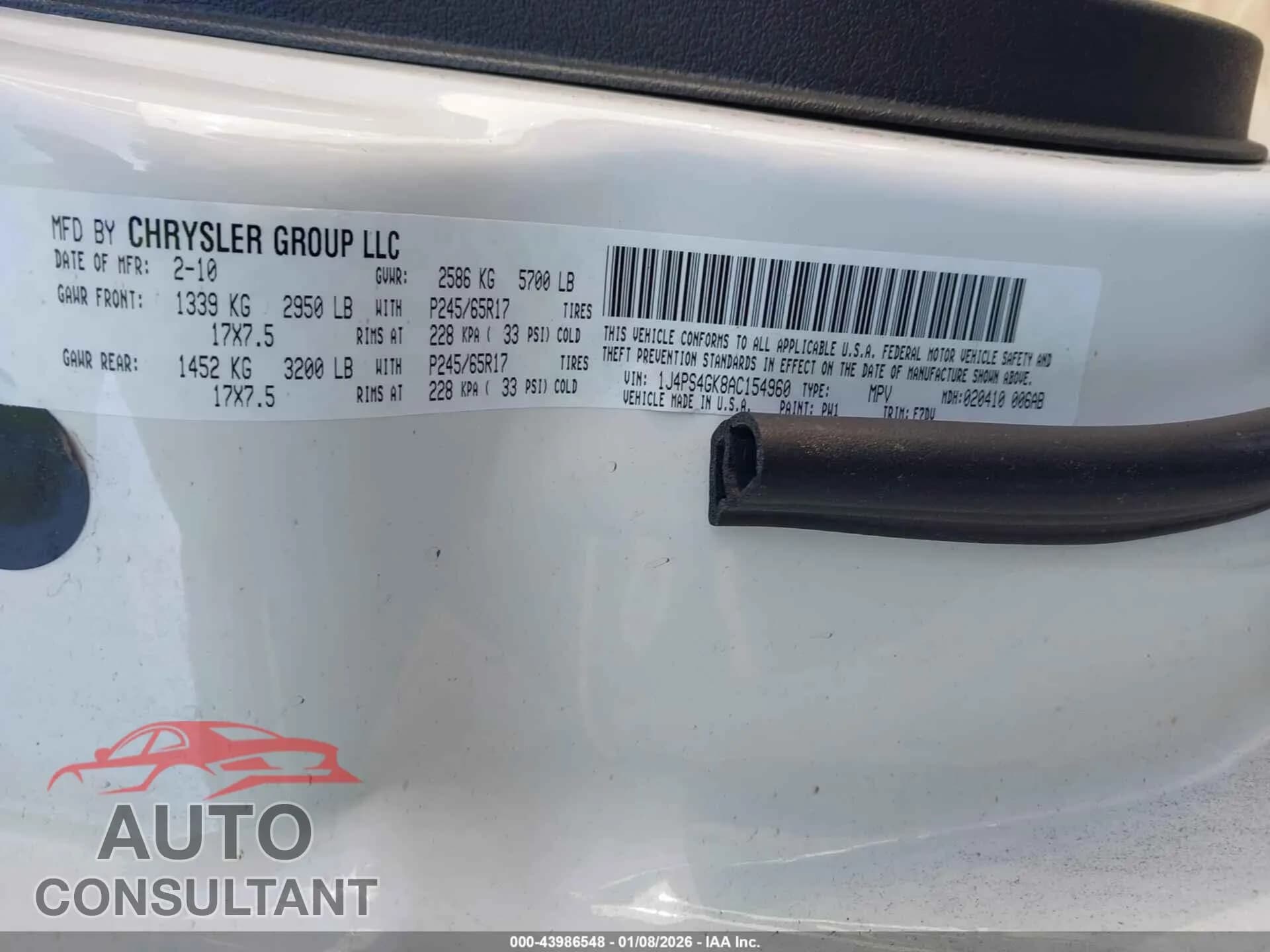 2010 JEEP GRAND CHEROKEE Damaged VIN 1J4PS4GK8AC154960 – trunk area 2010 JEEP GRAND CHEROKEE Damaged VIN 1J4PS4GK8AC154960 – trunk area