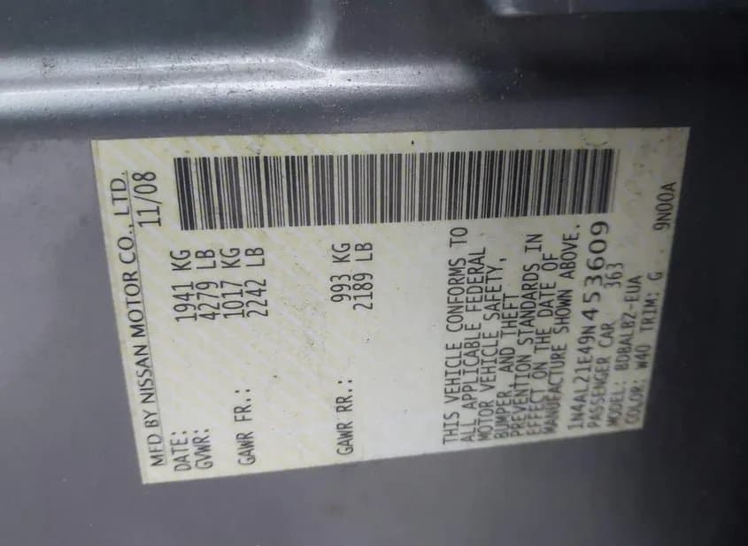 2009 NISSAN Altima Used VIN 1N4AL21E49N453609 – undercarriage 2009 NISSAN Altima Used VIN 1N4AL21E49N453609 – undercarriage