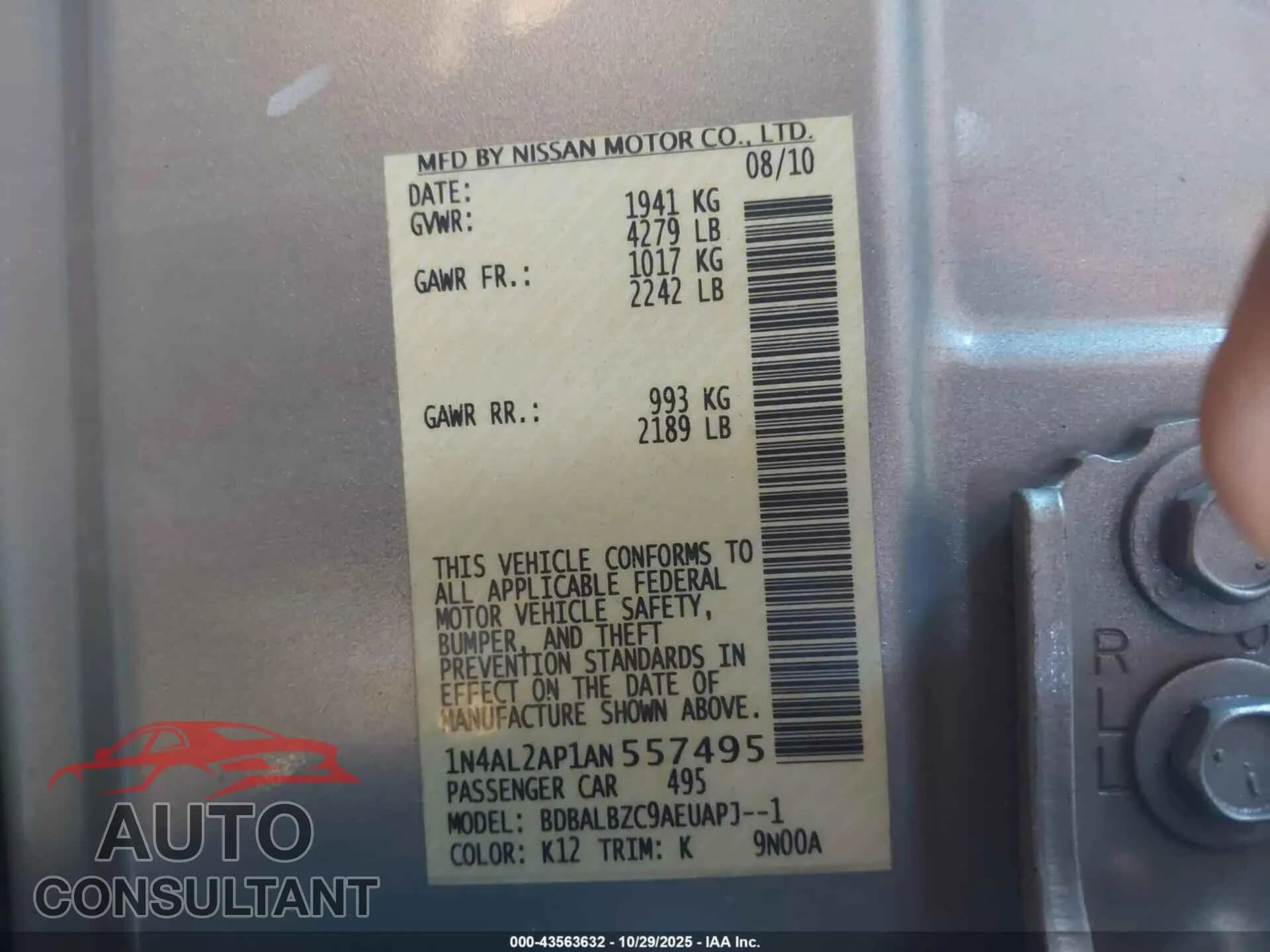 2010 NISSAN ALTIMA Damaged VIN 1N4AL2AP1AN557495 – trunk area 2010 NISSAN ALTIMA Damaged VIN 1N4AL2AP1AN557495 – trunk area