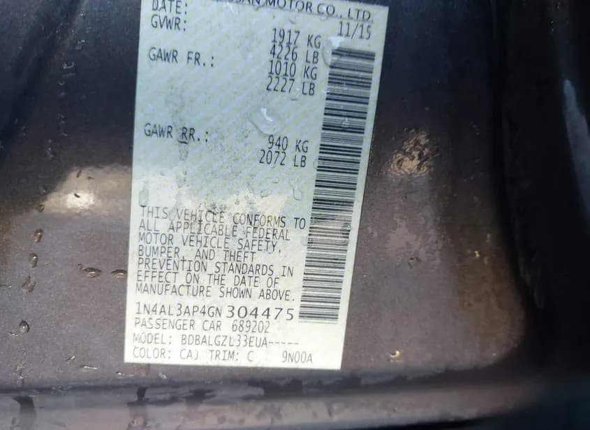 2016 NISSAN Altima Used VIN 1N4AL3AP4GN304475 – undercarriage 2016 NISSAN Altima Used VIN 1N4AL3AP4GN304475 – undercarriage