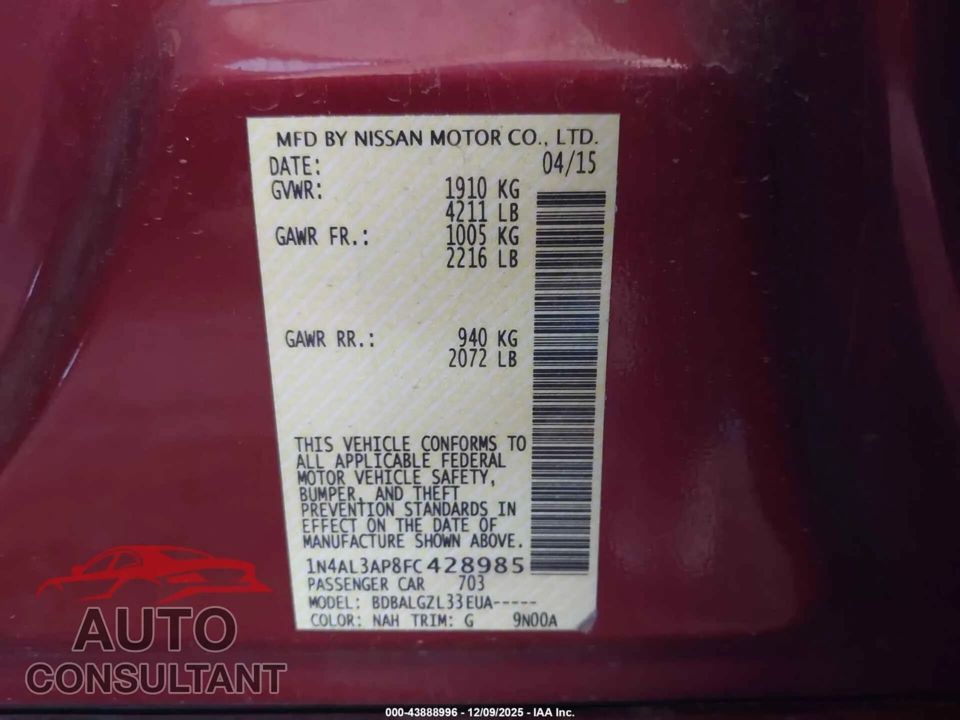 2015 NISSAN ALTIMA Damaged VIN 1N4AL3AP8FC428985 – trunk area 2015 NISSAN ALTIMA Damaged VIN 1N4AL3AP8FC428985 – trunk area