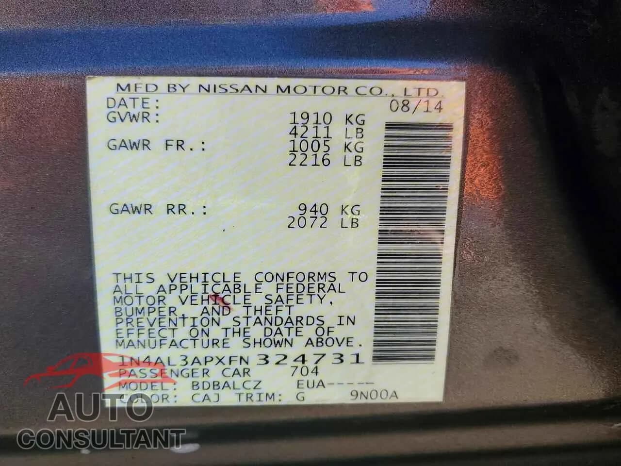 2015 NISSAN ALTIMA Damaged VIN 1N4AL3APXFN324731 – photo 13 2015 NISSAN ALTIMA Damaged VIN 1N4AL3APXFN324731 – photo 13