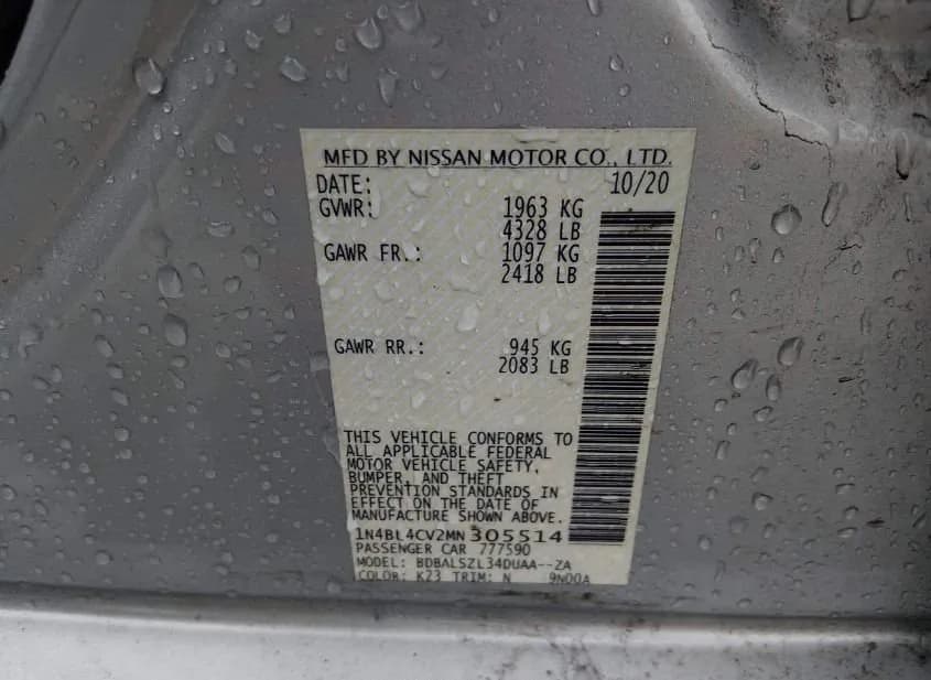 2021 NISSAN Altima Used VIN 1N4BL4CV2MN305514 – odometer reading 2021 NISSAN Altima Used VIN 1N4BL4CV2MN305514 – odometer reading