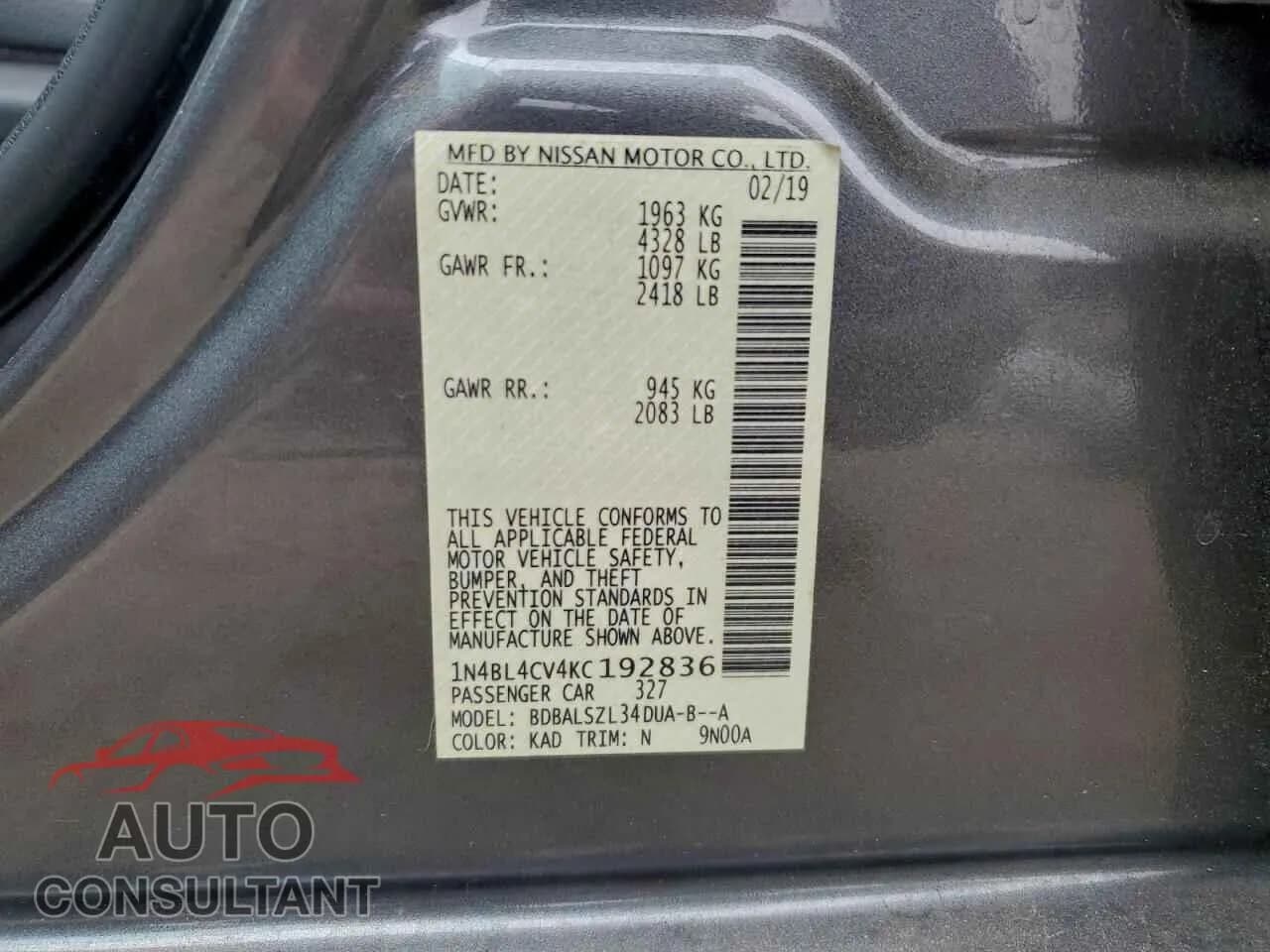 2019 NISSAN ALTIMA Damaged VIN 1N4BL4CV4KC192836 – photo 13 2019 NISSAN ALTIMA Damaged VIN 1N4BL4CV4KC192836 – photo 13