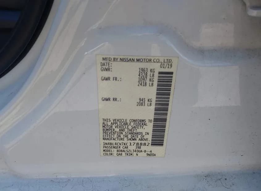 2019 NISSAN Altima Used VIN 1N4BL4CV7KC178882 – dashboard 2019 NISSAN Altima Used VIN 1N4BL4CV7KC178882 – dashboard