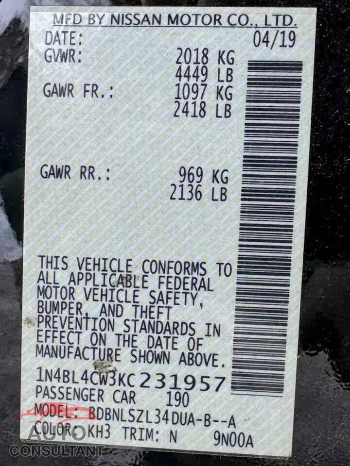 2019 NISSAN ALTIMA Damaged VIN 1N4BL4CW3KC231957 – odometer reading 2019 NISSAN ALTIMA Damaged VIN 1N4BL4CW3KC231957 – odometer reading