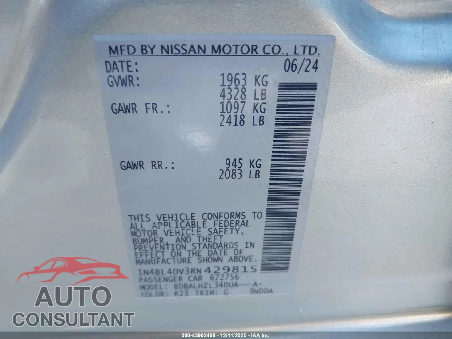 2024 NISSAN ALTIMA Damaged VIN 1N4BL4DV3RN429815 – trunk area 2024 NISSAN ALTIMA Damaged VIN 1N4BL4DV3RN429815 – trunk area