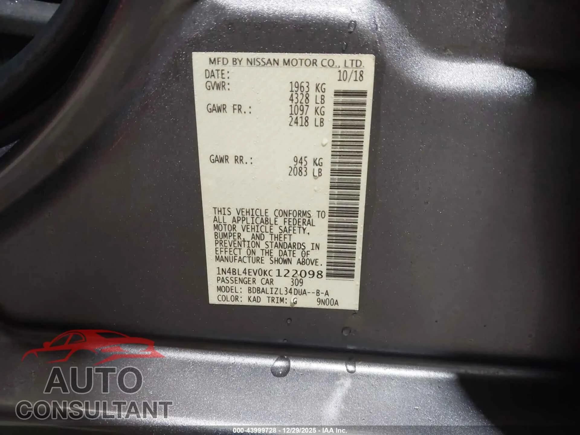 2019 NISSAN ALTIMA Damaged VIN 1N4BL4EV0KC122098 – trunk area 2019 NISSAN ALTIMA Damaged VIN 1N4BL4EV0KC122098 – trunk area