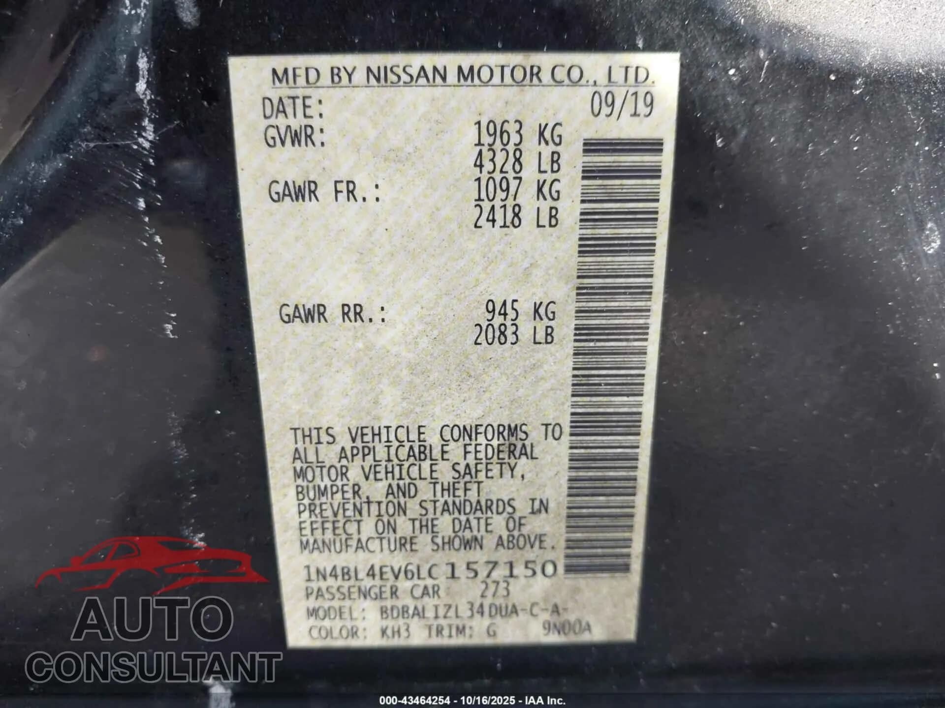 2020 NISSAN ALTIMA Damaged VIN 1N4BL4EV6LC157150 – trunk area 2020 NISSAN ALTIMA Damaged VIN 1N4BL4EV6LC157150 – trunk area