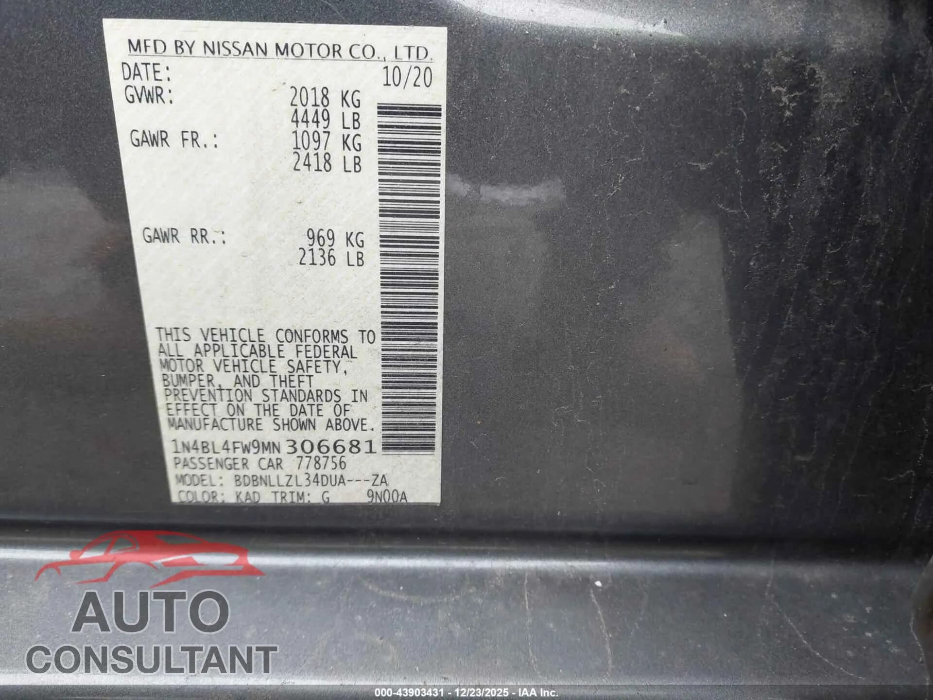 2021 NISSAN ALTIMA Damaged VIN 1N4BL4FW9MN306681 – trunk area 2021 NISSAN ALTIMA Damaged VIN 1N4BL4FW9MN306681 – trunk area