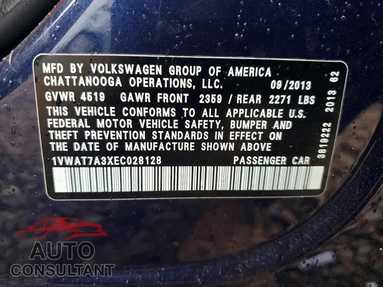 2014 VOLKSWAGEN PASSAT Damaged VIN 1VWAT7A3XEC028128 – photo 13 2014 VOLKSWAGEN PASSAT Damaged VIN 1VWAT7A3XEC028128 – photo 13