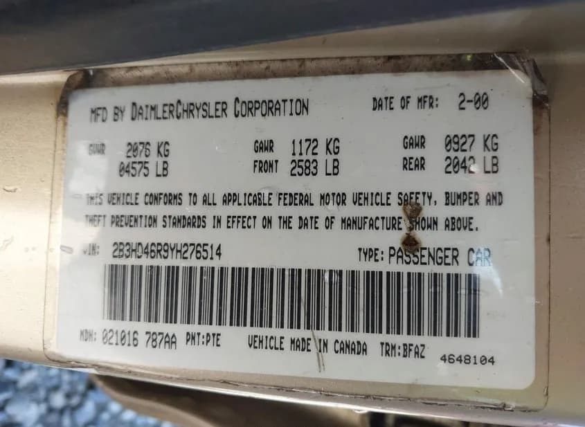 2000 DODGE Intrepid Used VIN 2B3HD46R9YH276514 – side profile 2000 DODGE Intrepid Used VIN 2B3HD46R9YH276514 – side profile