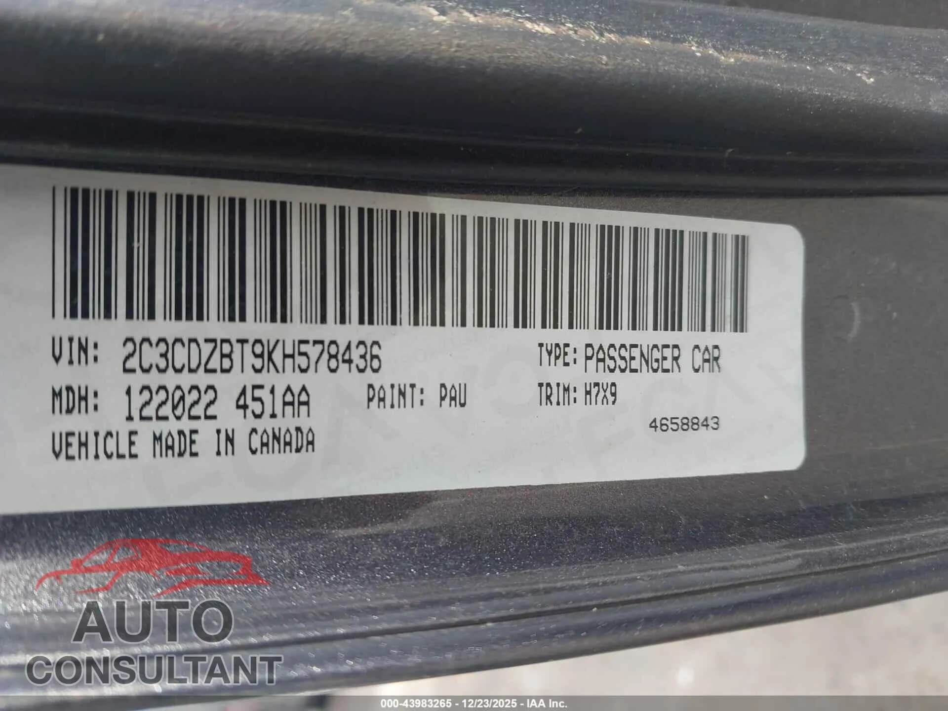 2019 DODGE CHALLENGER Damaged VIN 2C3CDZBT9KH578436 – trunk area 2019 DODGE CHALLENGER Damaged VIN 2C3CDZBT9KH578436 – trunk area