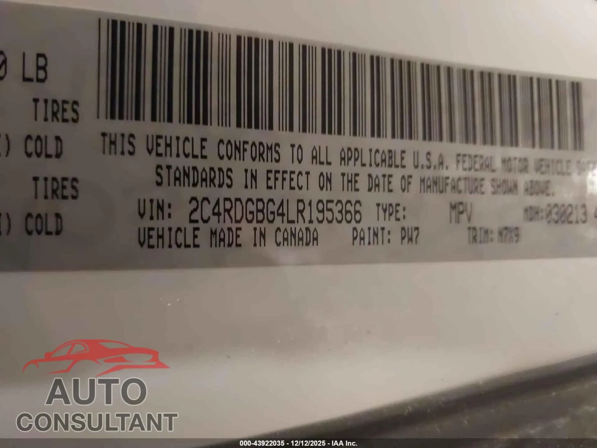 2020 DODGE GRAND CARAVAN Damaged VIN 2C4RDGBG4LR195366 – trunk area 2020 DODGE GRAND CARAVAN Damaged VIN 2C4RDGBG4LR195366 – trunk area
