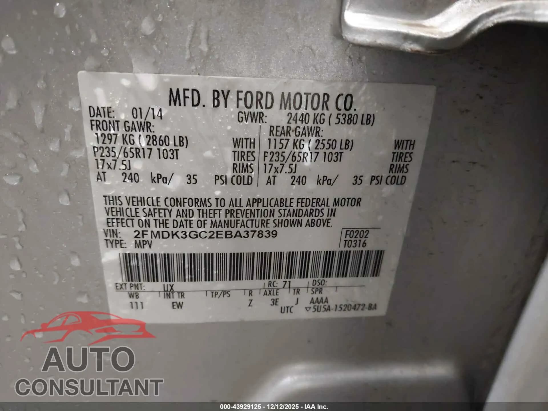 2014 FORD EDGE Damaged VIN 2FMDK3GC2EBA37839 – trunk area 2014 FORD EDGE Damaged VIN 2FMDK3GC2EBA37839 – trunk area