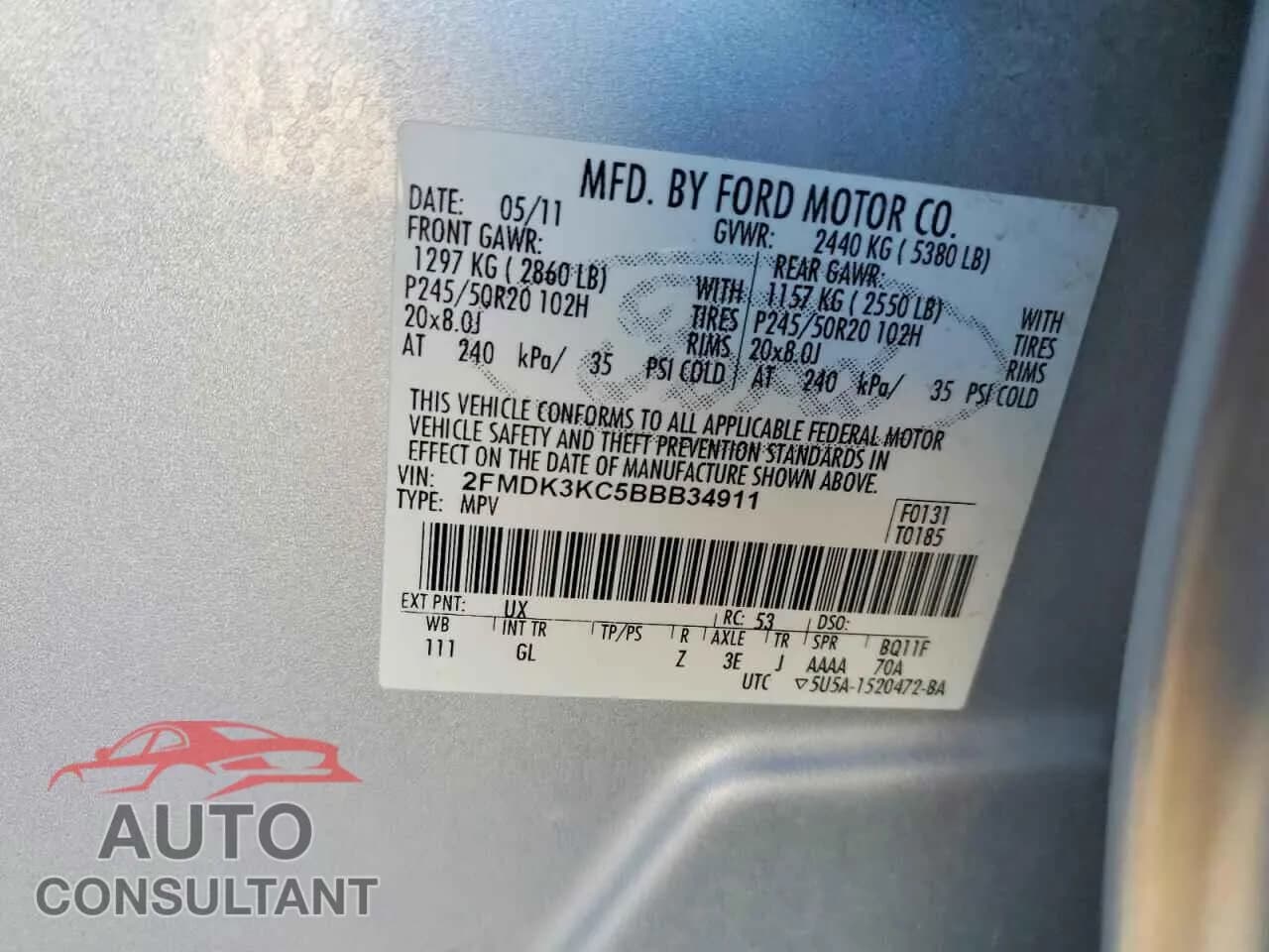 2011 FORD EDGE Damaged VIN 2FMDK3KC5BBB34911 – photo 12 2011 FORD EDGE Damaged VIN 2FMDK3KC5BBB34911 – photo 12