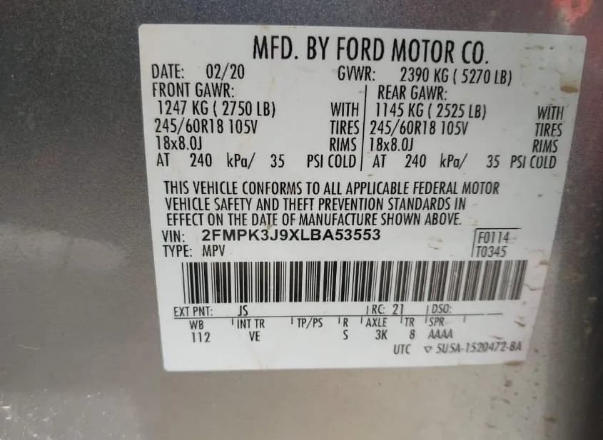 2020 FORD Edge Used VIN 2FMPK3J9XLBA53553 – exterior detail 2020 FORD Edge Used VIN 2FMPK3J9XLBA53553 – exterior detail