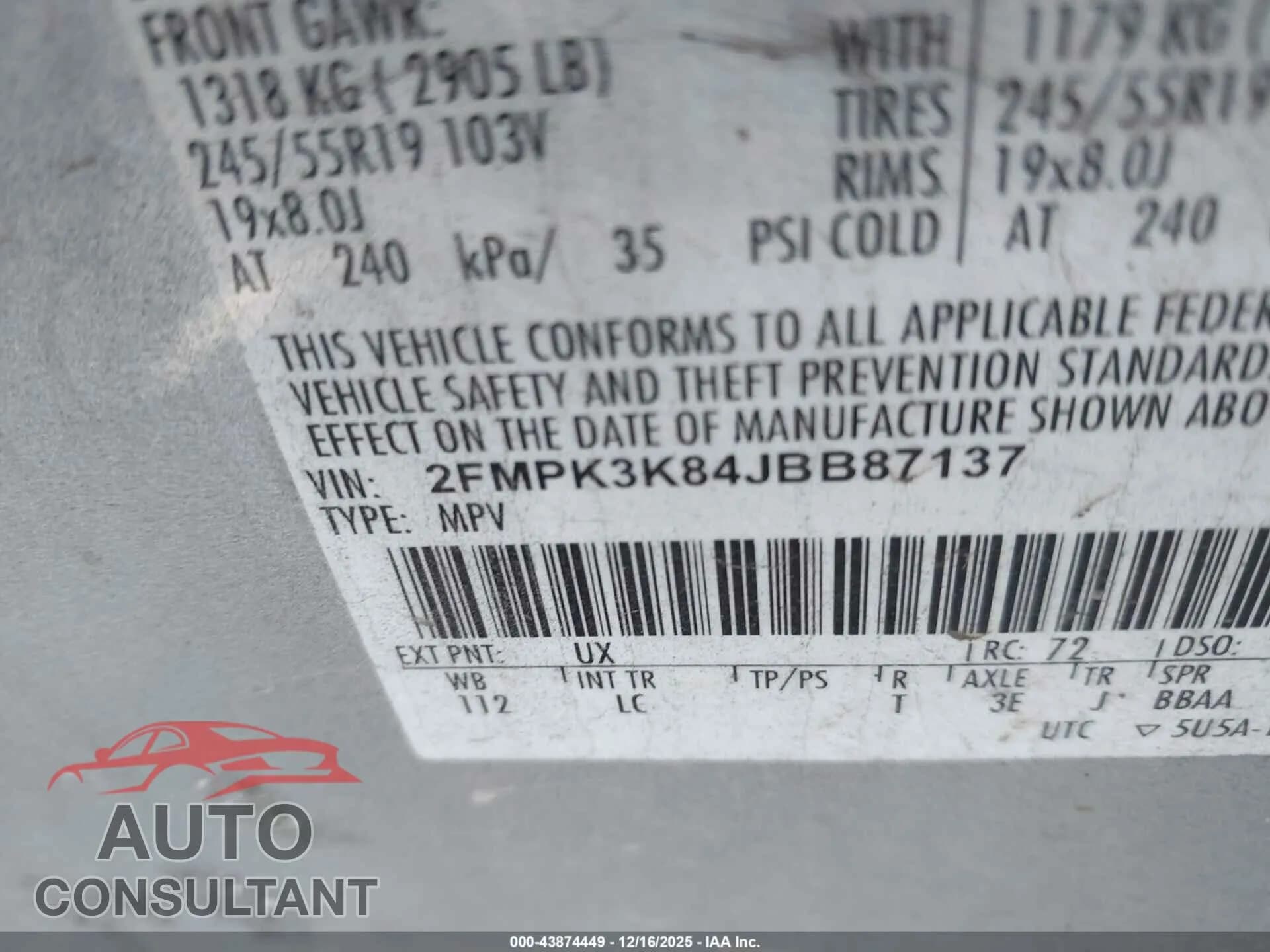 2018 FORD EDGE Damaged VIN 2FMPK3K84JBB87137 – trunk area 2018 FORD EDGE Damaged VIN 2FMPK3K84JBB87137 – trunk area