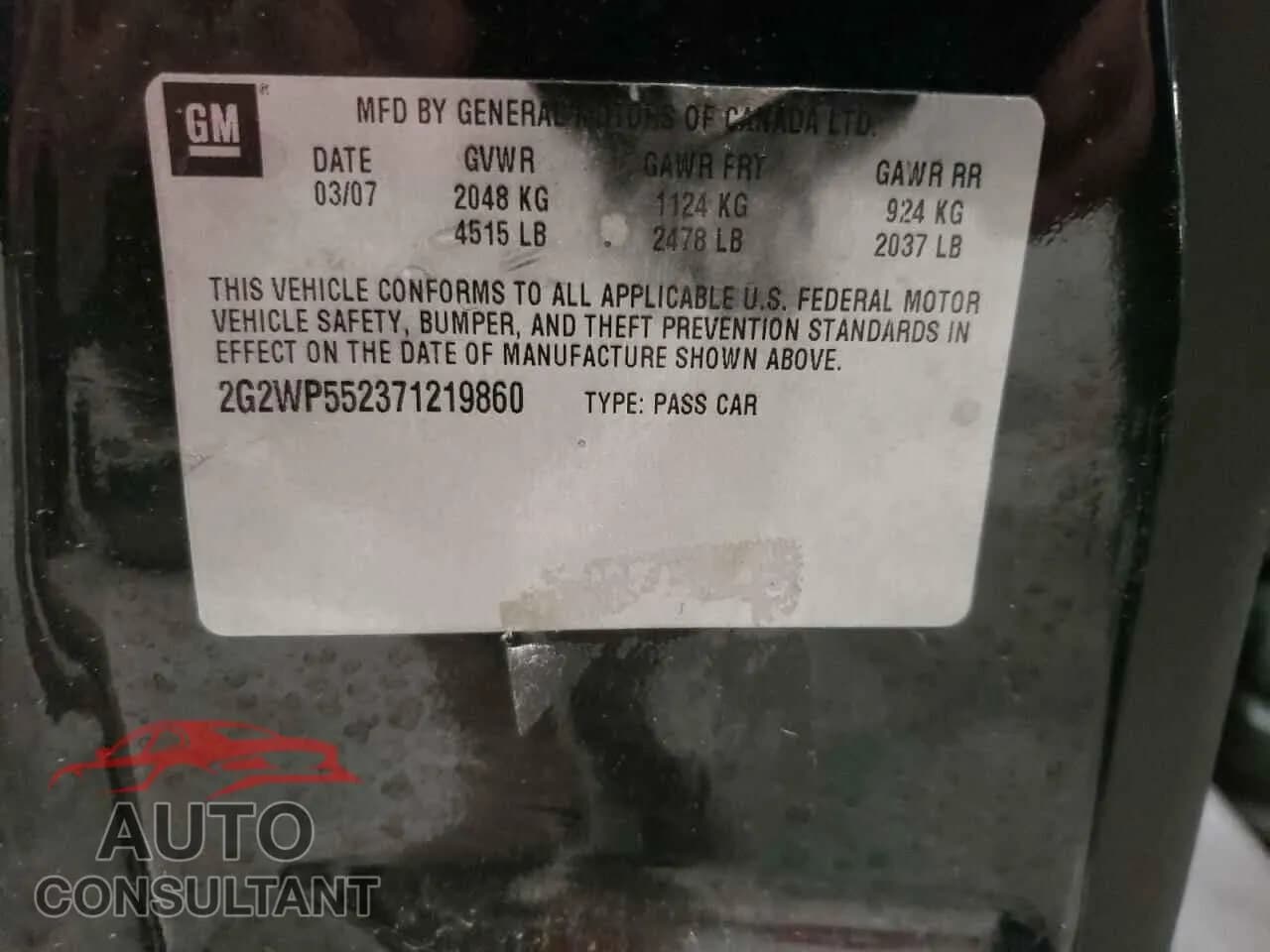2007 PONTIAC GRANDPRIX Damaged VIN 2G2WP552371219860 – odometer reading 2007 PONTIAC GRANDPRIX Damaged VIN 2G2WP552371219860 – odometer reading