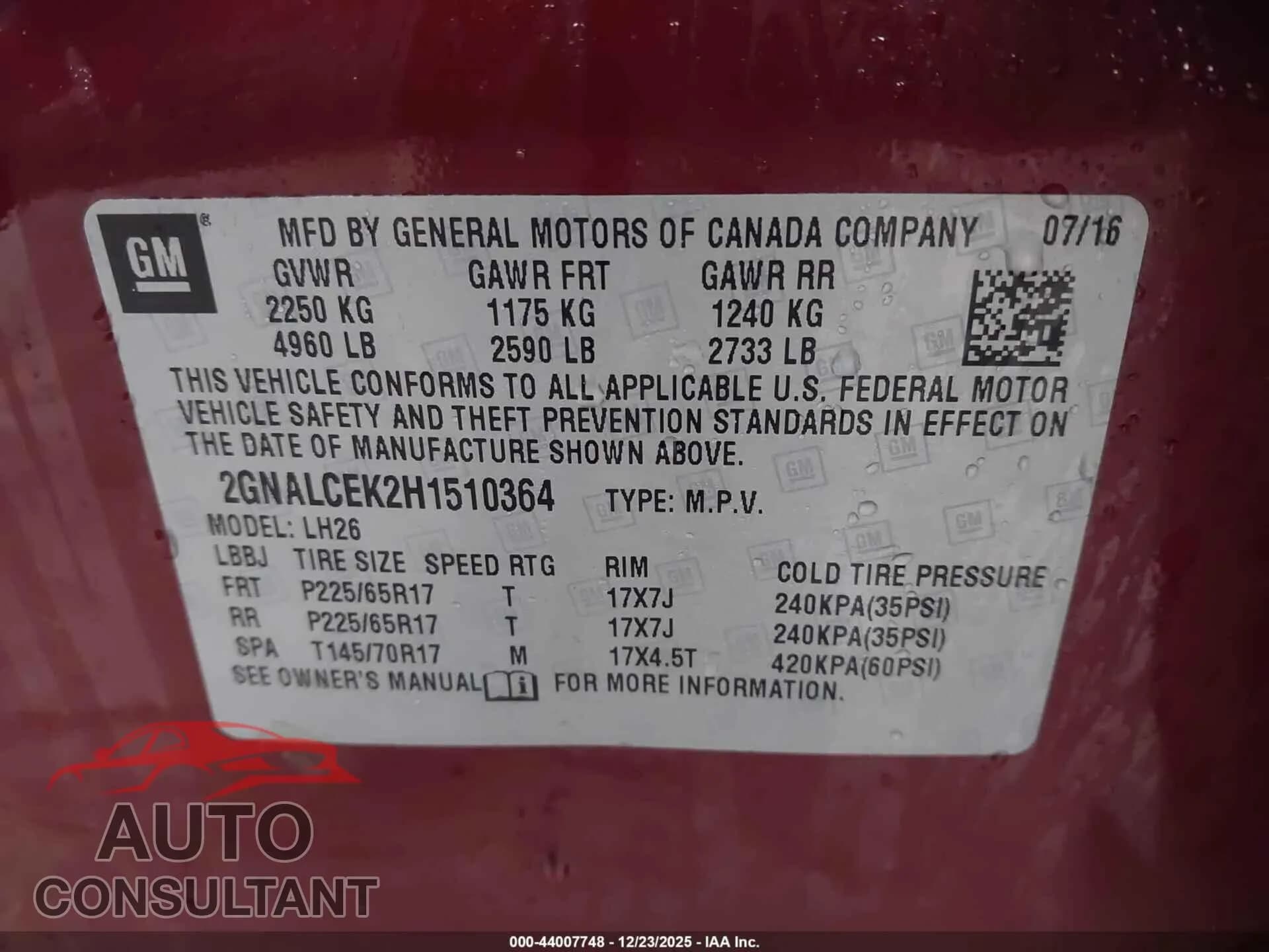 2017 CHEVROLET EQUINOX Damaged VIN 2GNALCEK2H1510364 – trunk area 2017 CHEVROLET EQUINOX Damaged VIN 2GNALCEK2H1510364 – trunk area