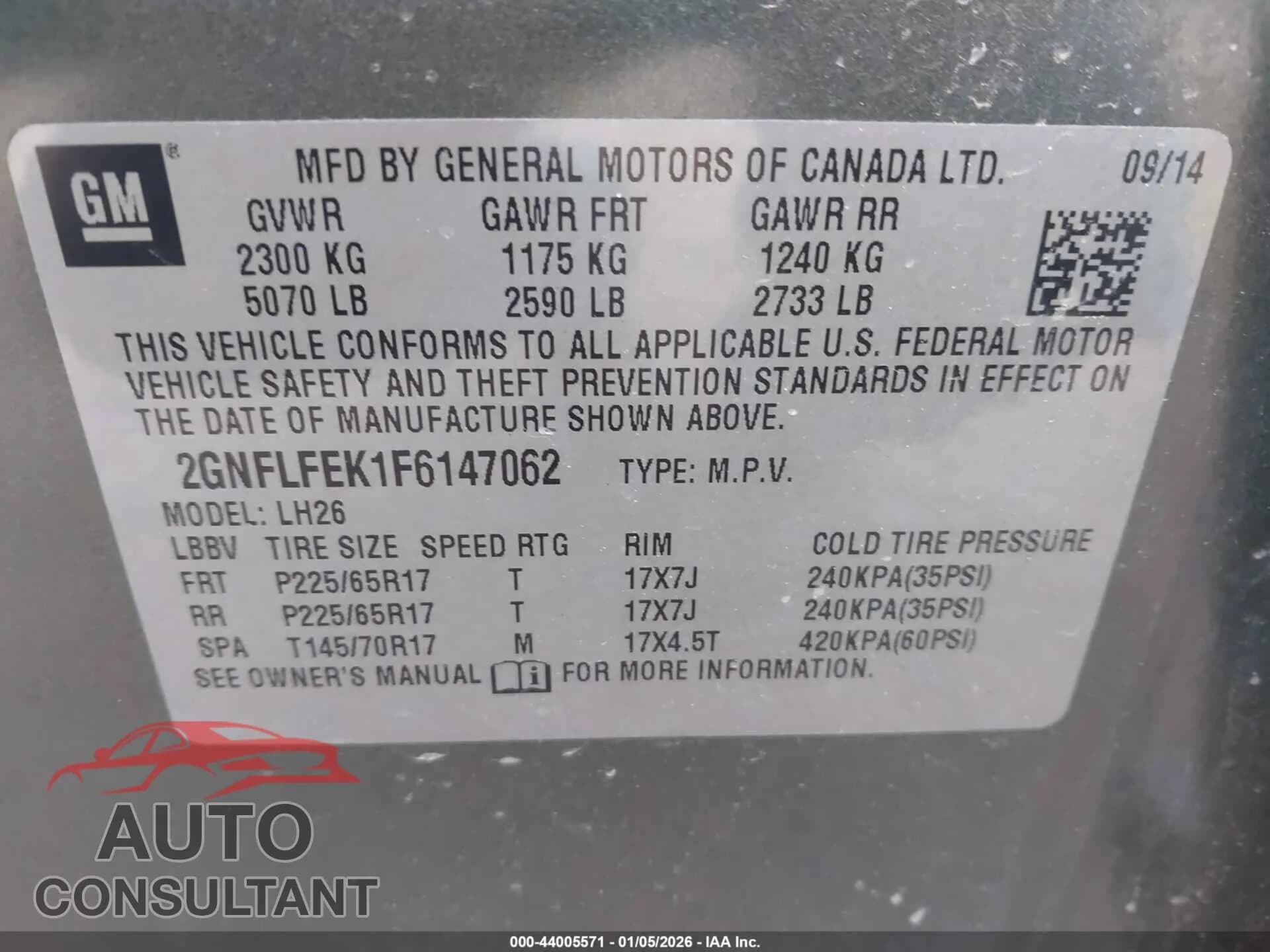2015 CHEVROLET EQUINOX Damaged VIN 2GNFLFEK1F6147062 – trunk area 2015 CHEVROLET EQUINOX Damaged VIN 2GNFLFEK1F6147062 – trunk area