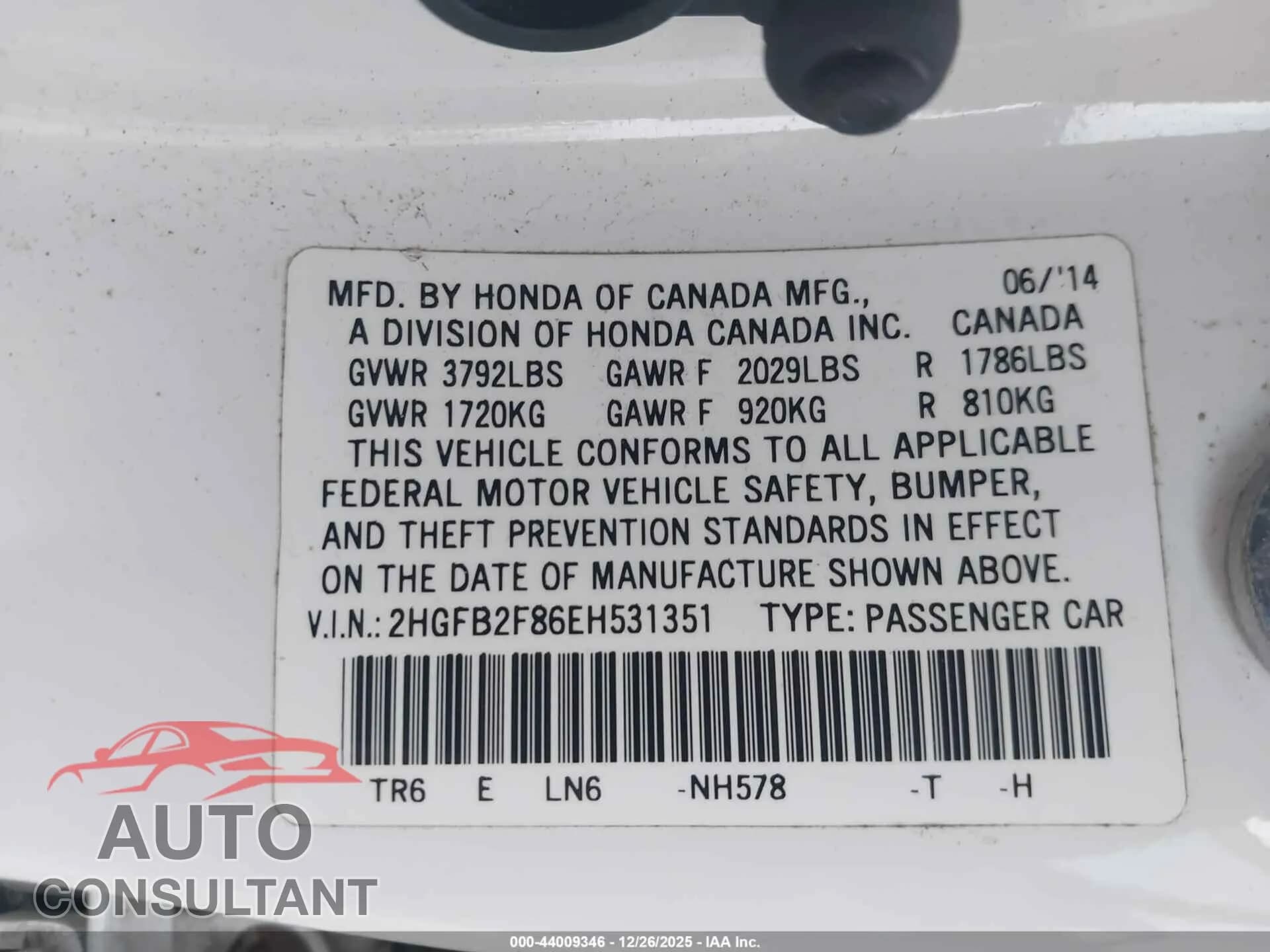 2014 HONDA CIVIC Damaged VIN 2HGFB2F86EH531351 – trunk area 2014 HONDA CIVIC Damaged VIN 2HGFB2F86EH531351 – trunk area