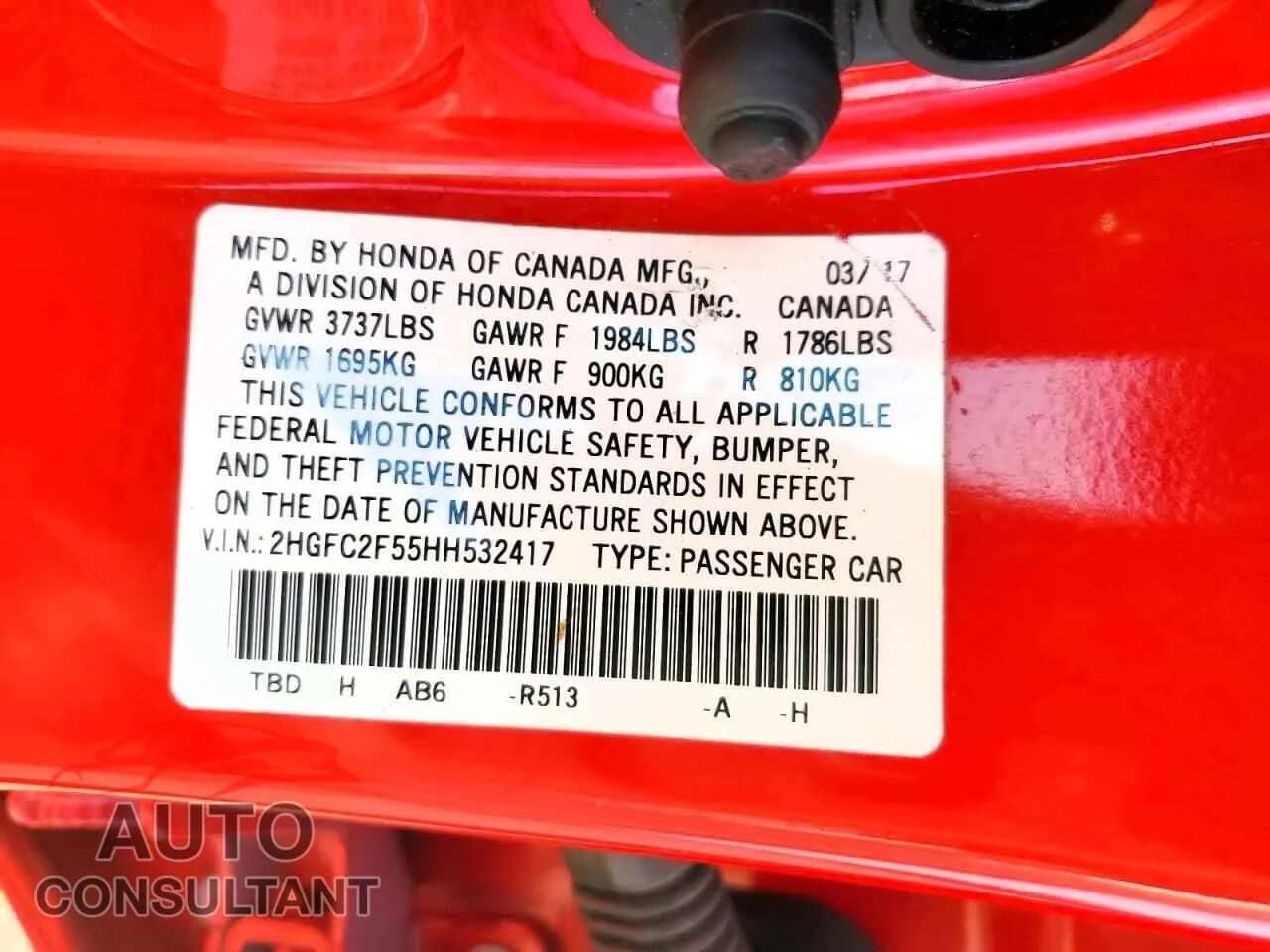 2017 HONDA CIVIC Damaged VIN 2HGFC2F55HH532417 – photo 12 2017 HONDA CIVIC Damaged VIN 2HGFC2F55HH532417 – photo 12