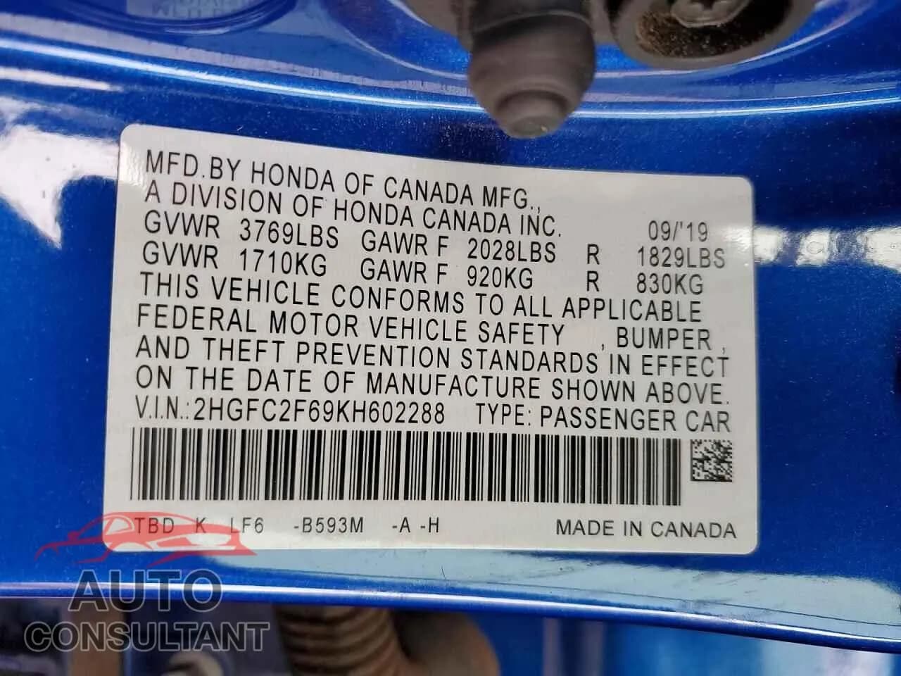 2019 HONDA CIVIC Damaged VIN 2HGFC2F69KH602288 – photo 12 2019 HONDA CIVIC Damaged VIN 2HGFC2F69KH602288 – photo 12