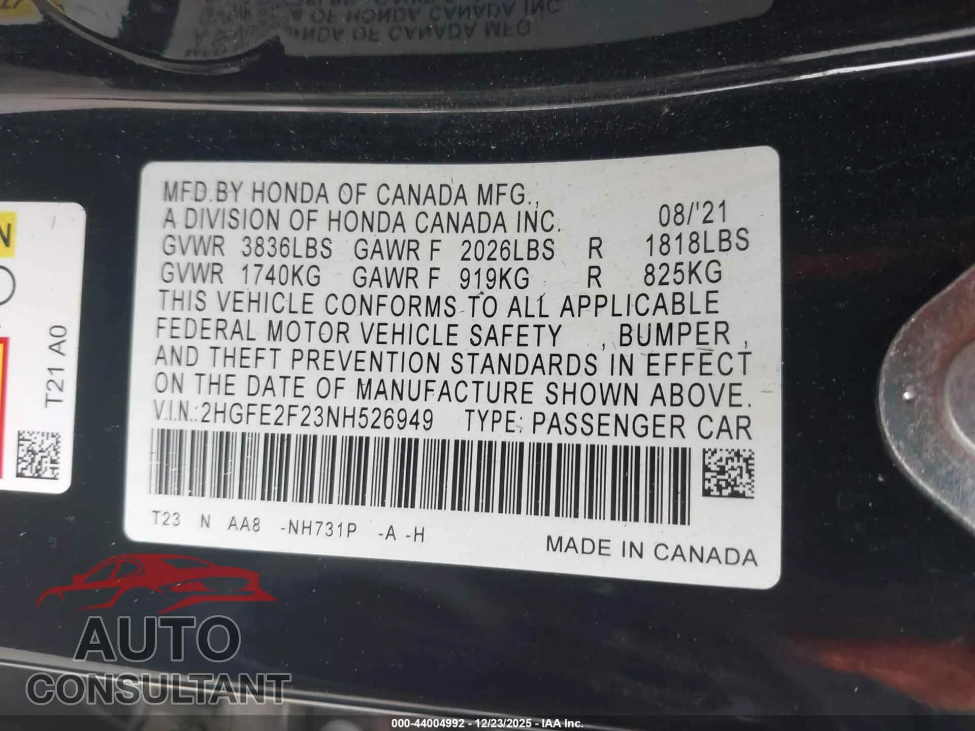 2022 HONDA CIVIC Damaged VIN 2HGFE2F23NH526949 – trunk area 2022 HONDA CIVIC Damaged VIN 2HGFE2F23NH526949 – trunk area
