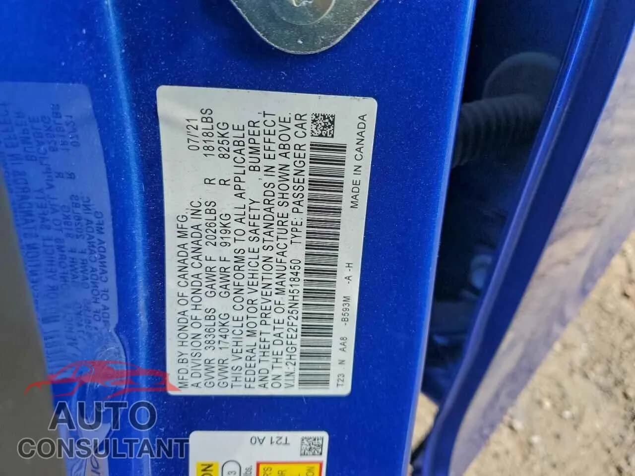 2022 HONDA CIVIC Damaged VIN 2HGFE2F25NH518450 – photo 12 2022 HONDA CIVIC Damaged VIN 2HGFE2F25NH518450 – photo 12