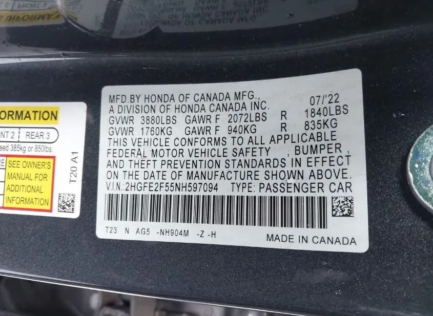 2022 HONDA Civic - VIN 2HGFE2F55NH597094 2022 HONDA Civic VIN 2HGFE2F55NH597094