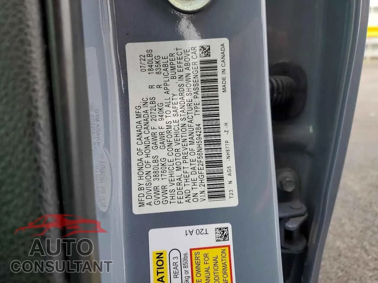 2022 HONDA CIVIC Damaged VIN 2HGFE2F56NH594284 – photo 13 2022 HONDA CIVIC Damaged VIN 2HGFE2F56NH594284 – photo 13