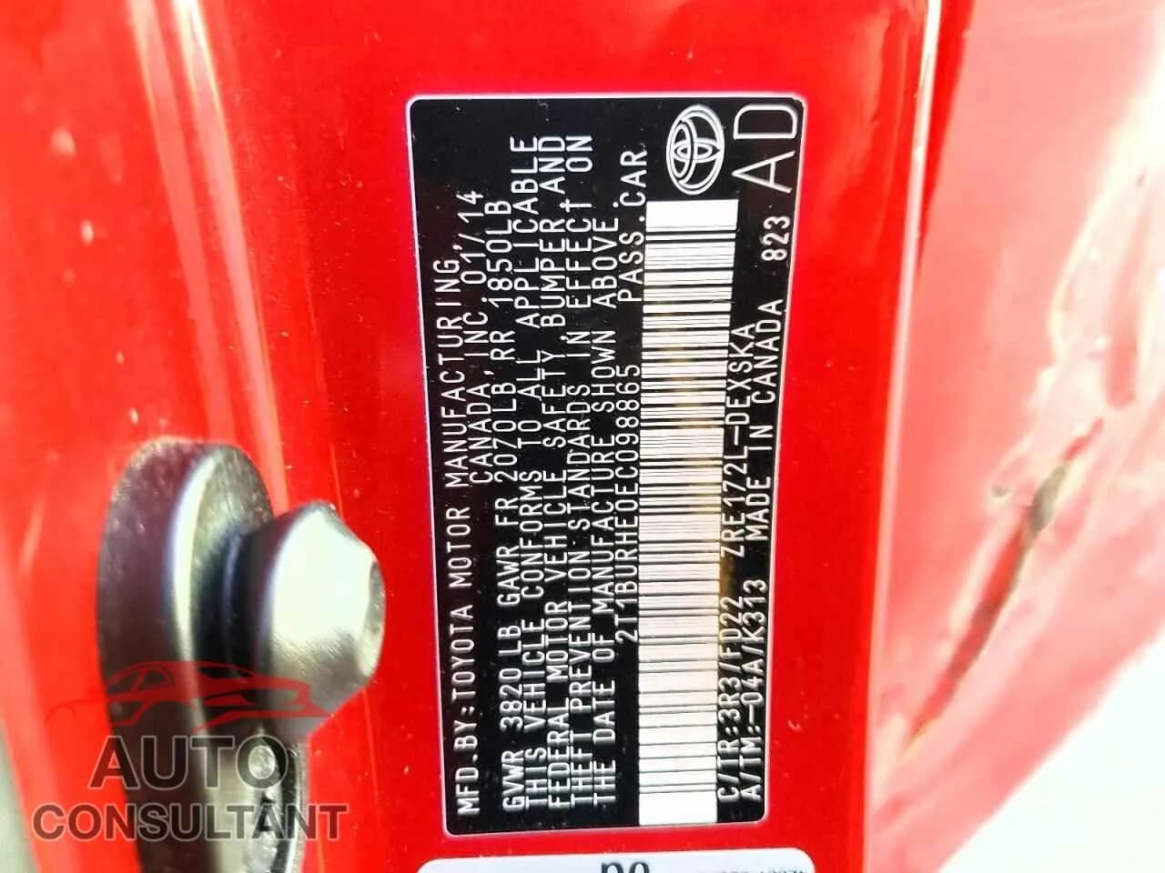 2014 TOYOTA COROLLA Damaged VIN 2T1BURHE0EC098865 – photo 13 2014 TOYOTA COROLLA Damaged VIN 2T1BURHE0EC098865 – photo 13